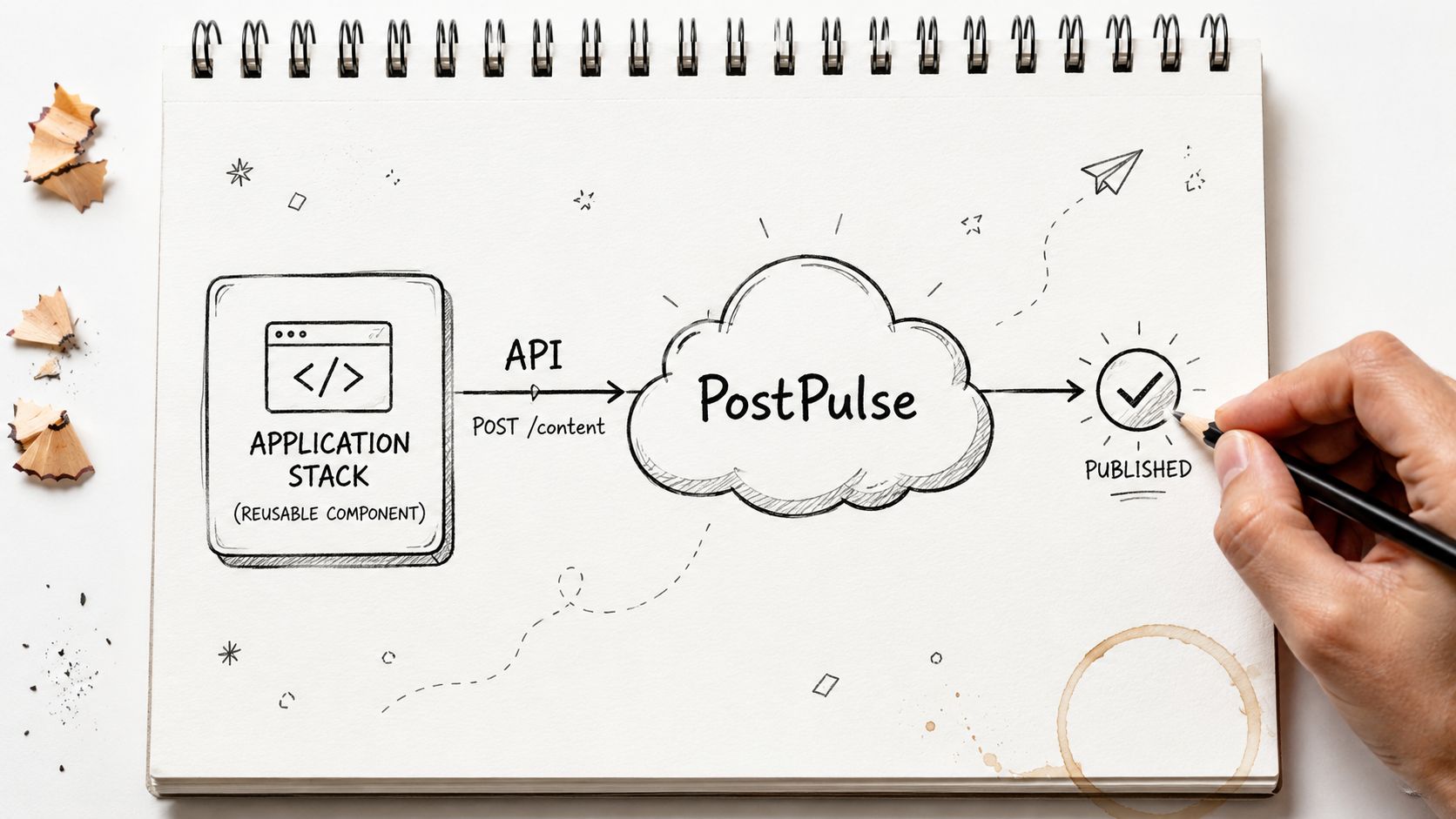 A hand-drawn diagram illustrating a software workflow using an application stack to publish content via PostPulse API.