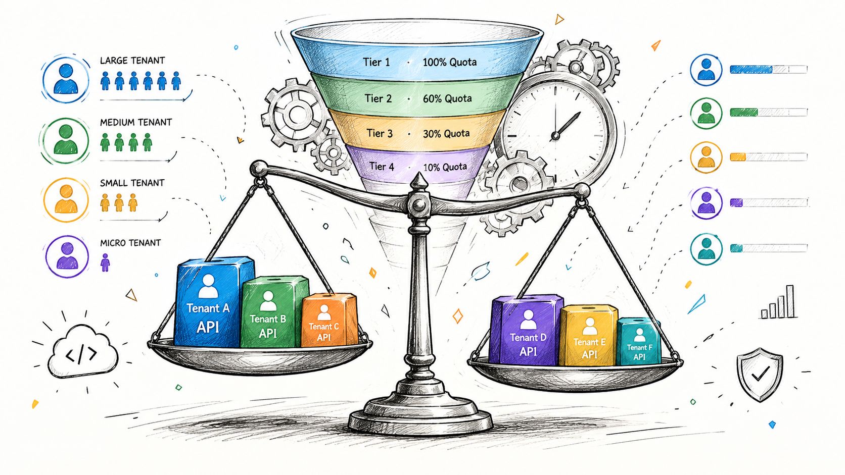 A conceptual illustration of multi-tenant API rate limiting, showing tiered quotas and balanced resource allocation.