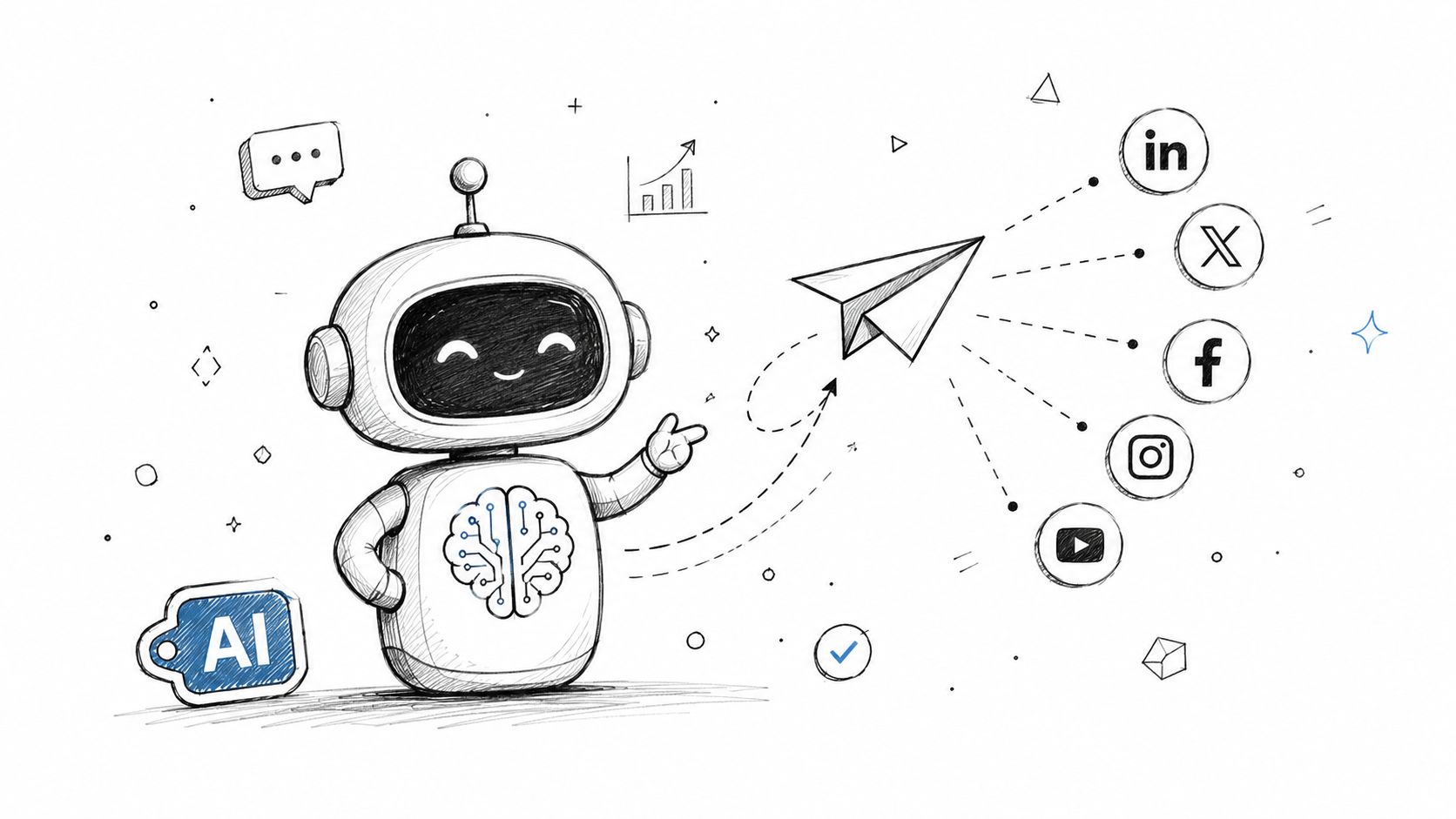 A sketched illustration of a friendly AI robot sending social media icons via a paper airplane.