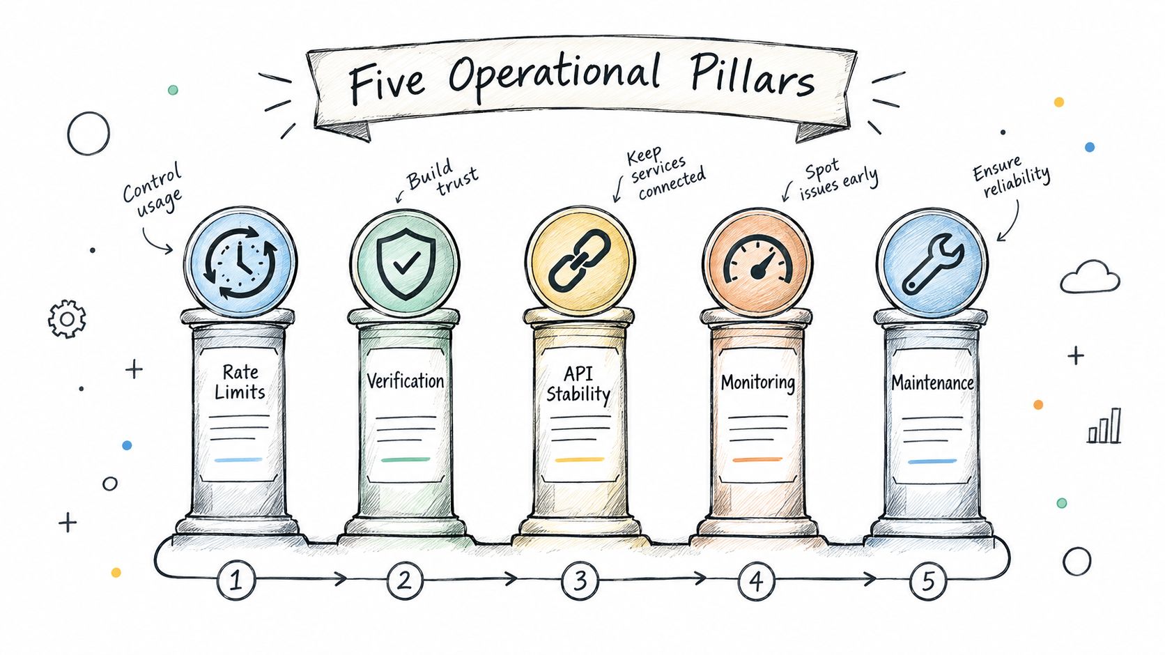 A hand-drawn illustration depicting five operational pillars for a white label social media platform.