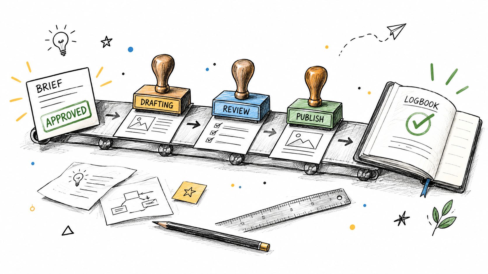 A hand-drawn illustration showing a content workflow on a conveyor belt with stages: brief, drafting, review, publish.