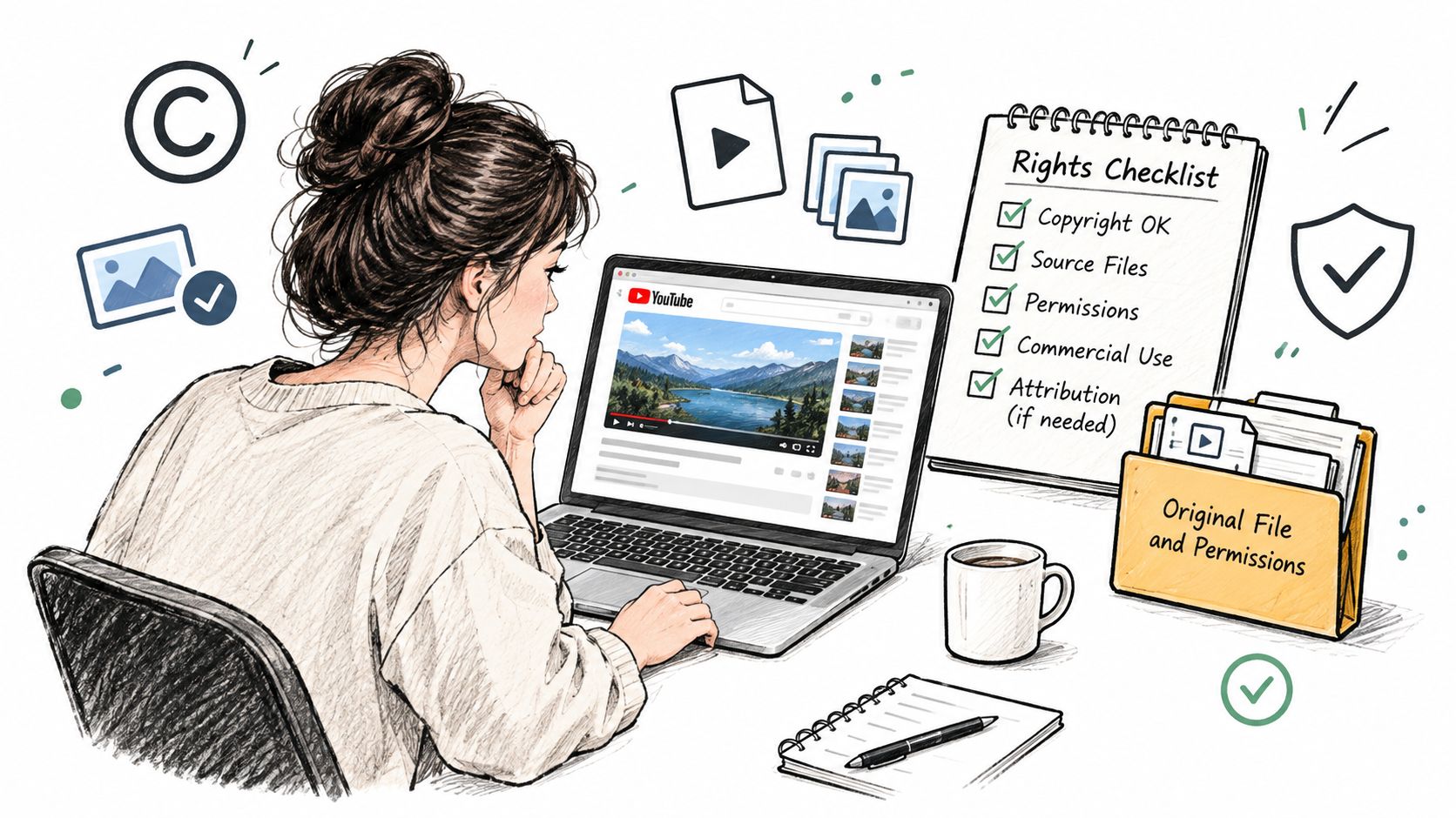 A creator checking copyright requirements on a laptop while preparing content for YouTube and social media.