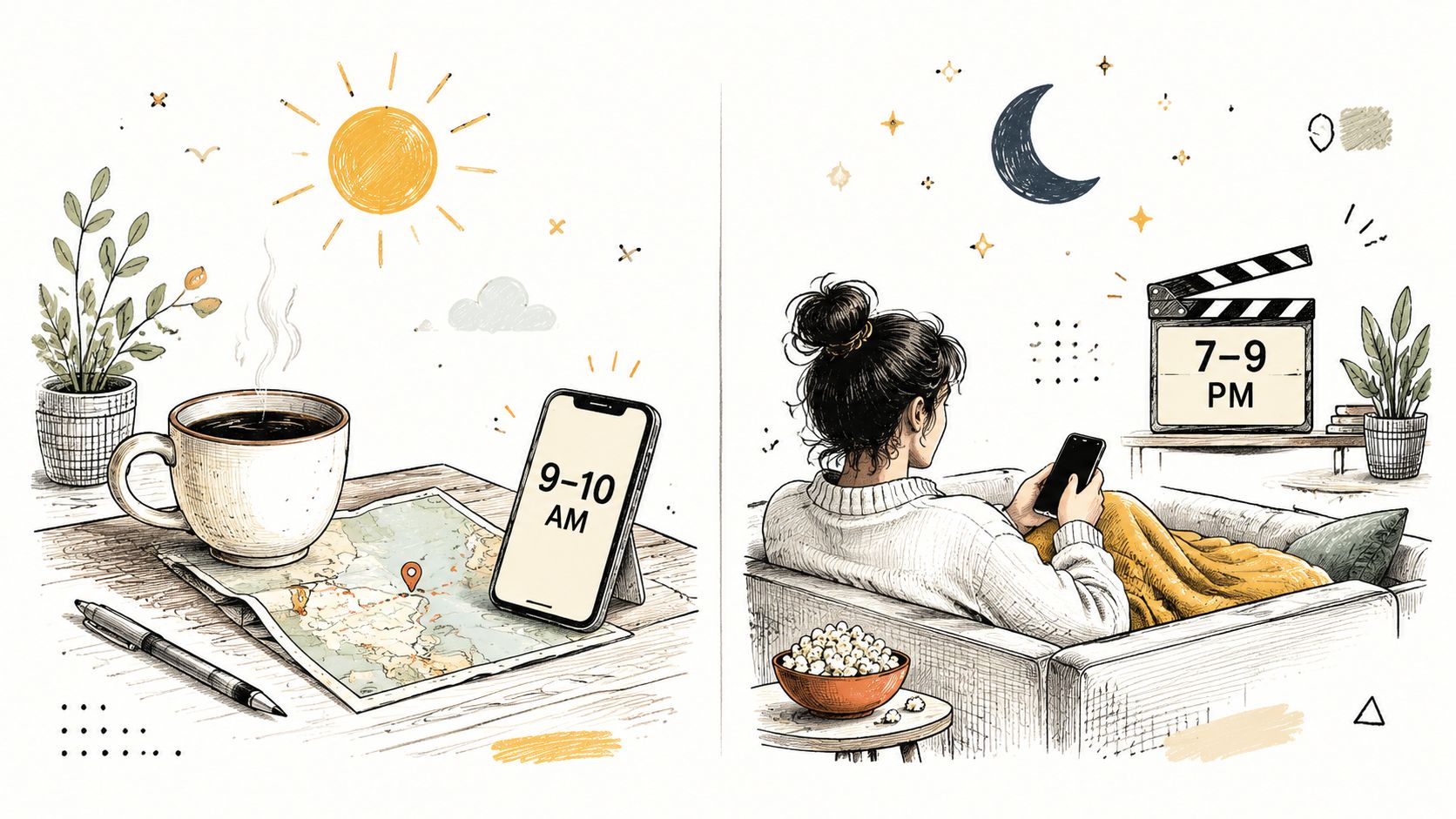A split image showing morning coffee and travel planning alongside an evening of relaxing with movies.