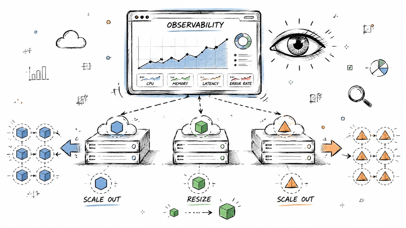 A hand-drawn illustration depicting a multi-tenant cloud architecture with observability dashboards, scaling processes, and resource monitoring.