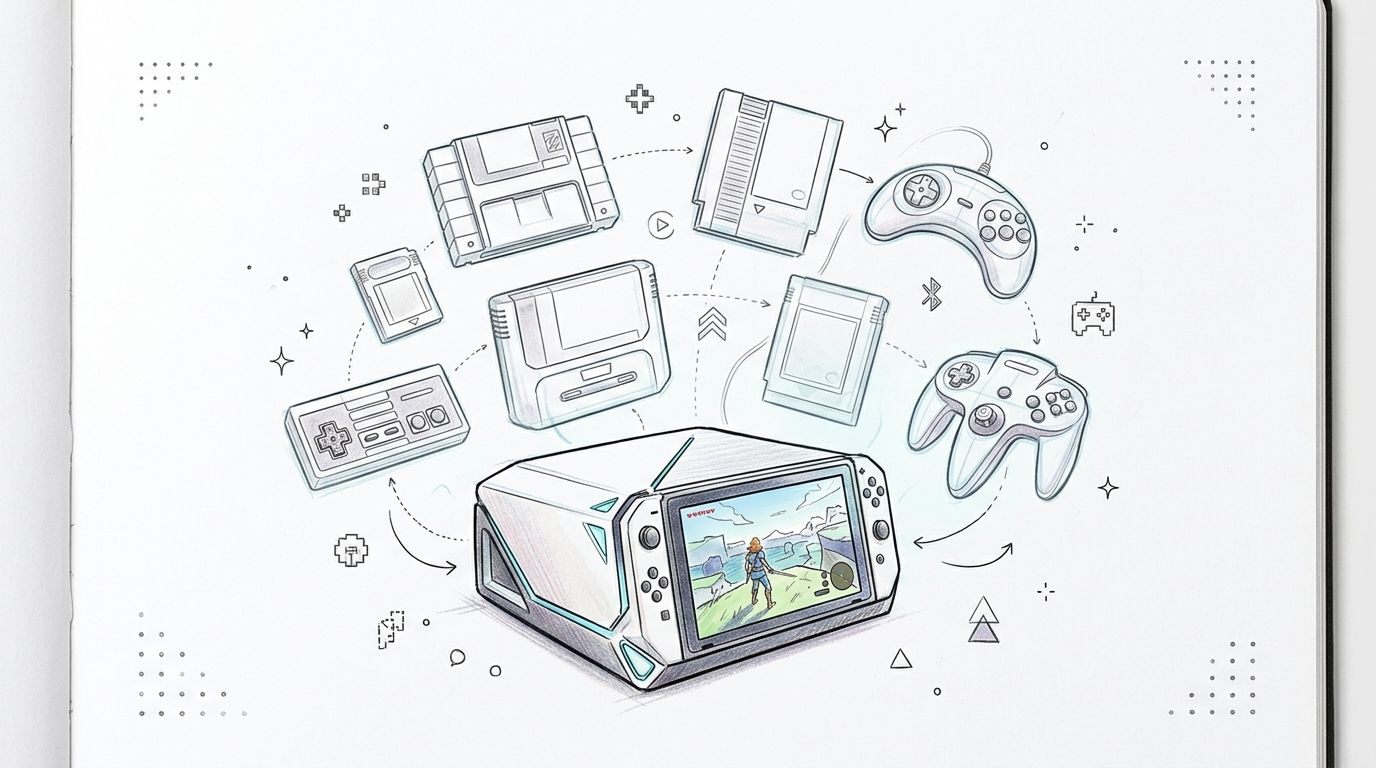 An illustration showing various retro game cartridges and controllers connecting into a modern gaming console device.