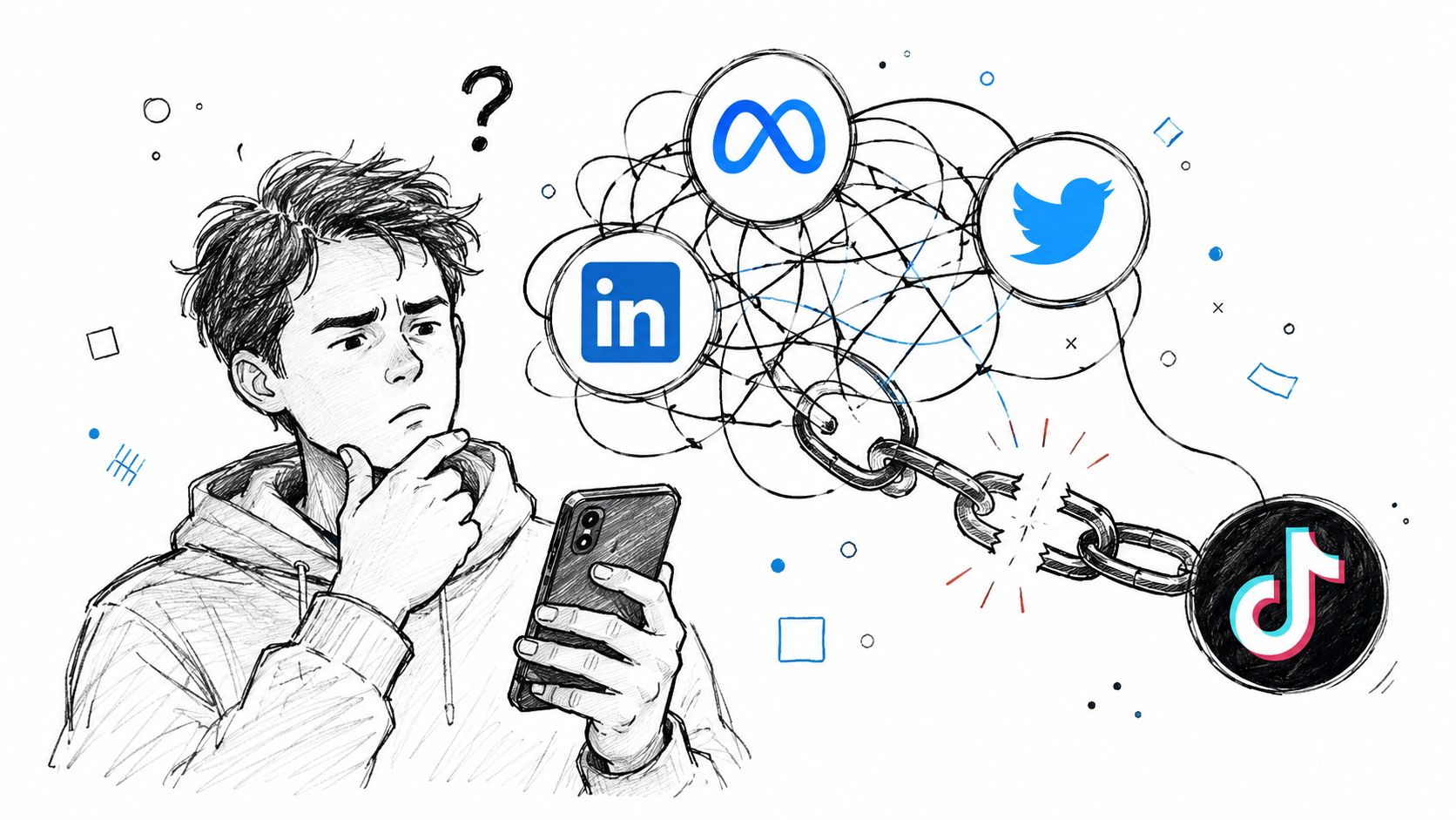 A confused person looking at a smartphone with social media icons connected by a broken chain.
