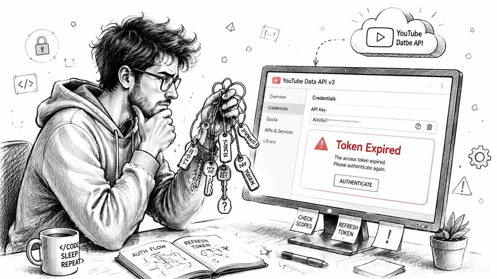 A pensive programmer looking at a computer screen displaying an expired API token notification for YouTube.