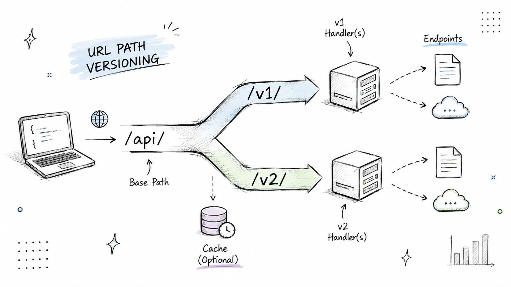 A hand-drawn diagram illustrating URL path versioning for API requests, showing version paths splitting to different handlers.
