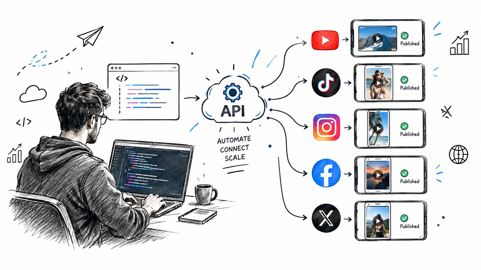A developer using an API to automate and publish video content across multiple social media platforms simultaneously.