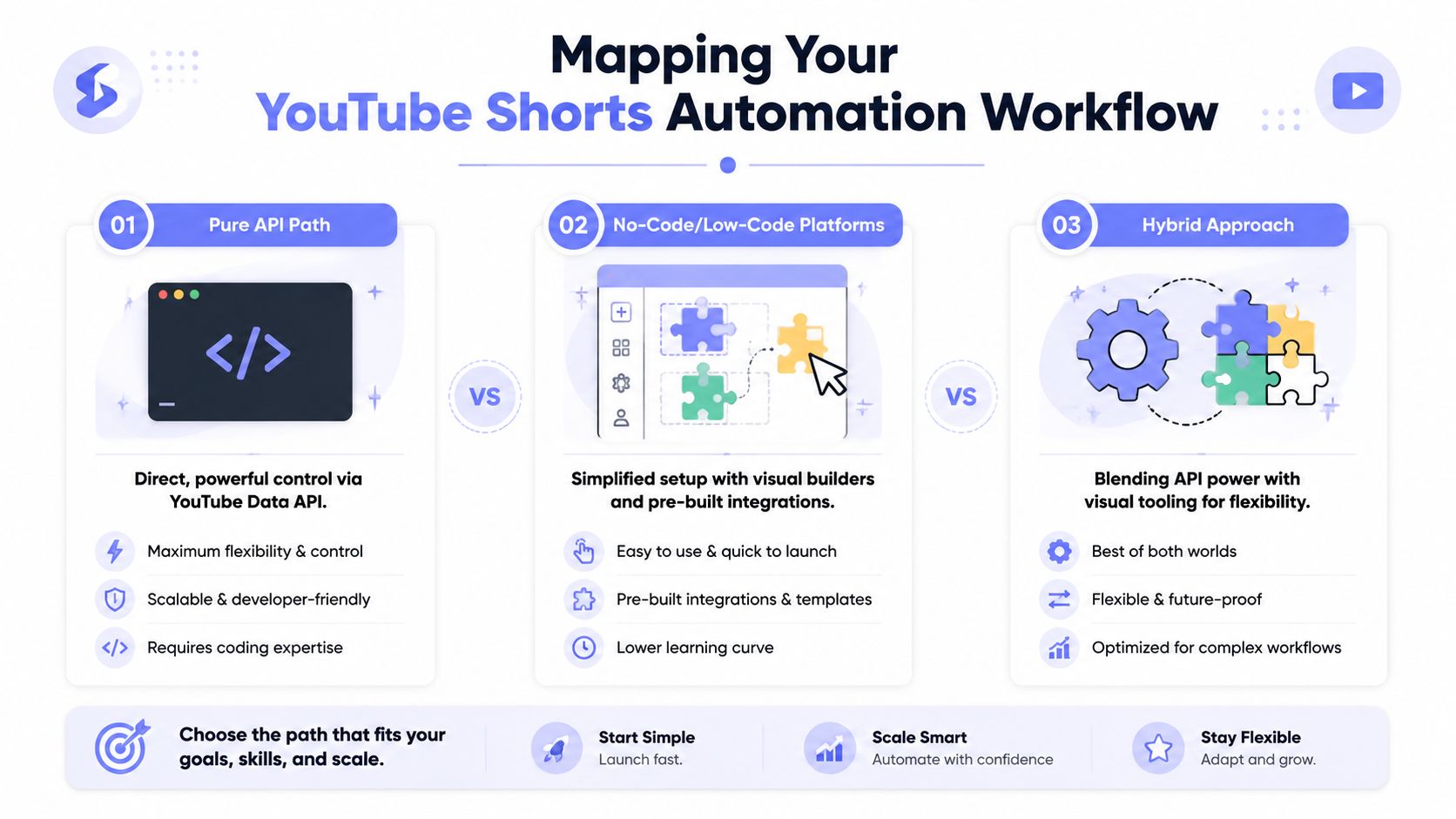 A visual guide illustrating three different approaches for automating YouTube Shorts workflows: API, no-code, and hybrid methods.