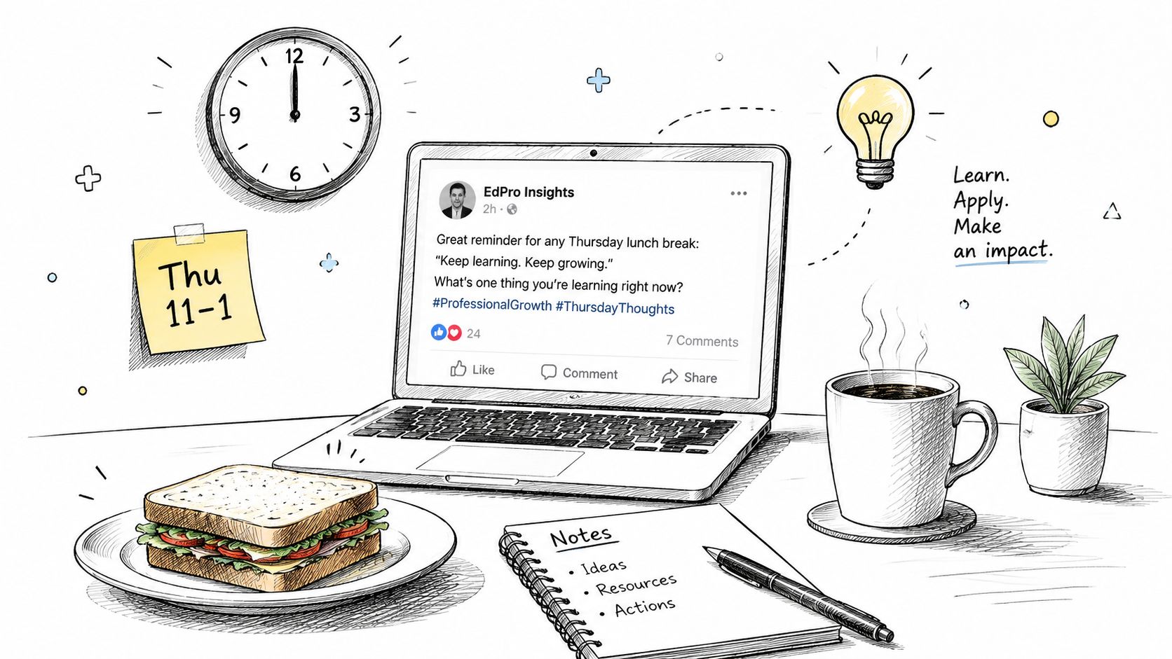 A hand-drawn illustration of a desk with a laptop, sandwich, coffee, and notes on professional growth.