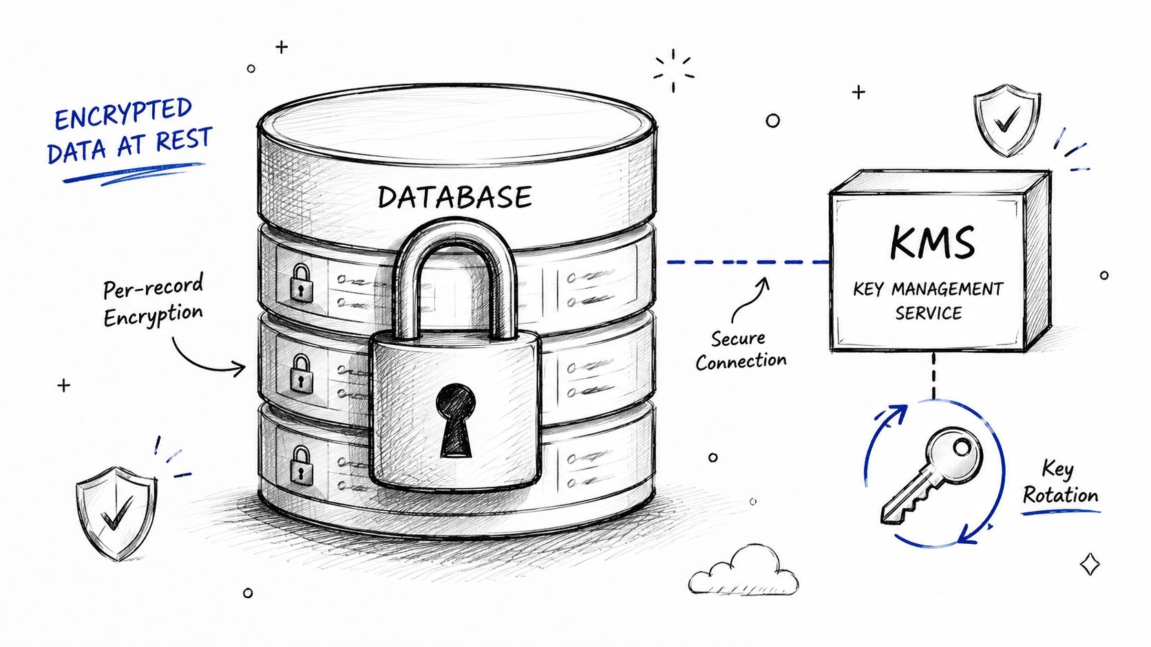 A hand-drawn illustration showing a database with per-record encryption connected to a key management service for security.