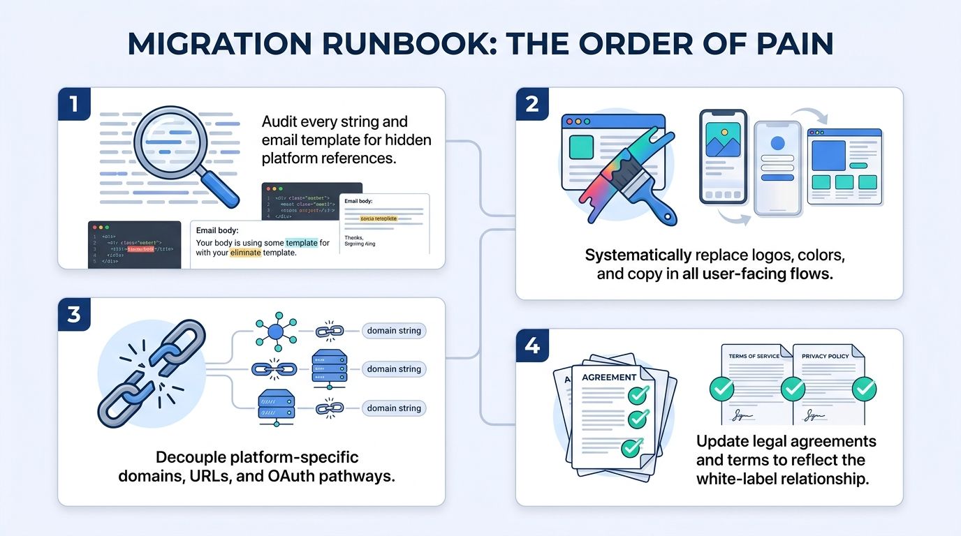 A migration runbook infographic showing four essential steps for transitioning a product to a white-label model.