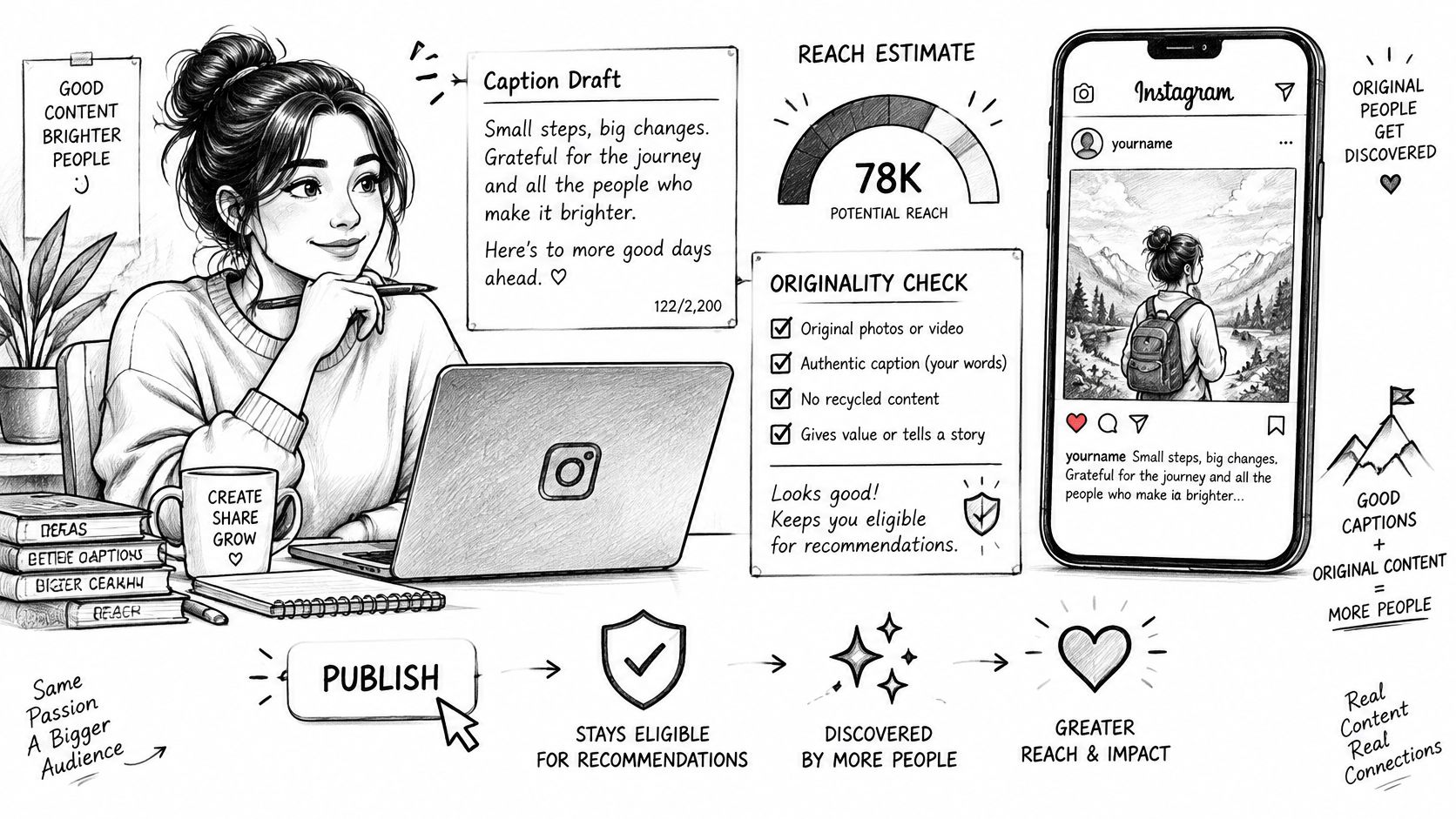 A girl working on a laptop, drafting an original Instagram post to increase her audience reach.