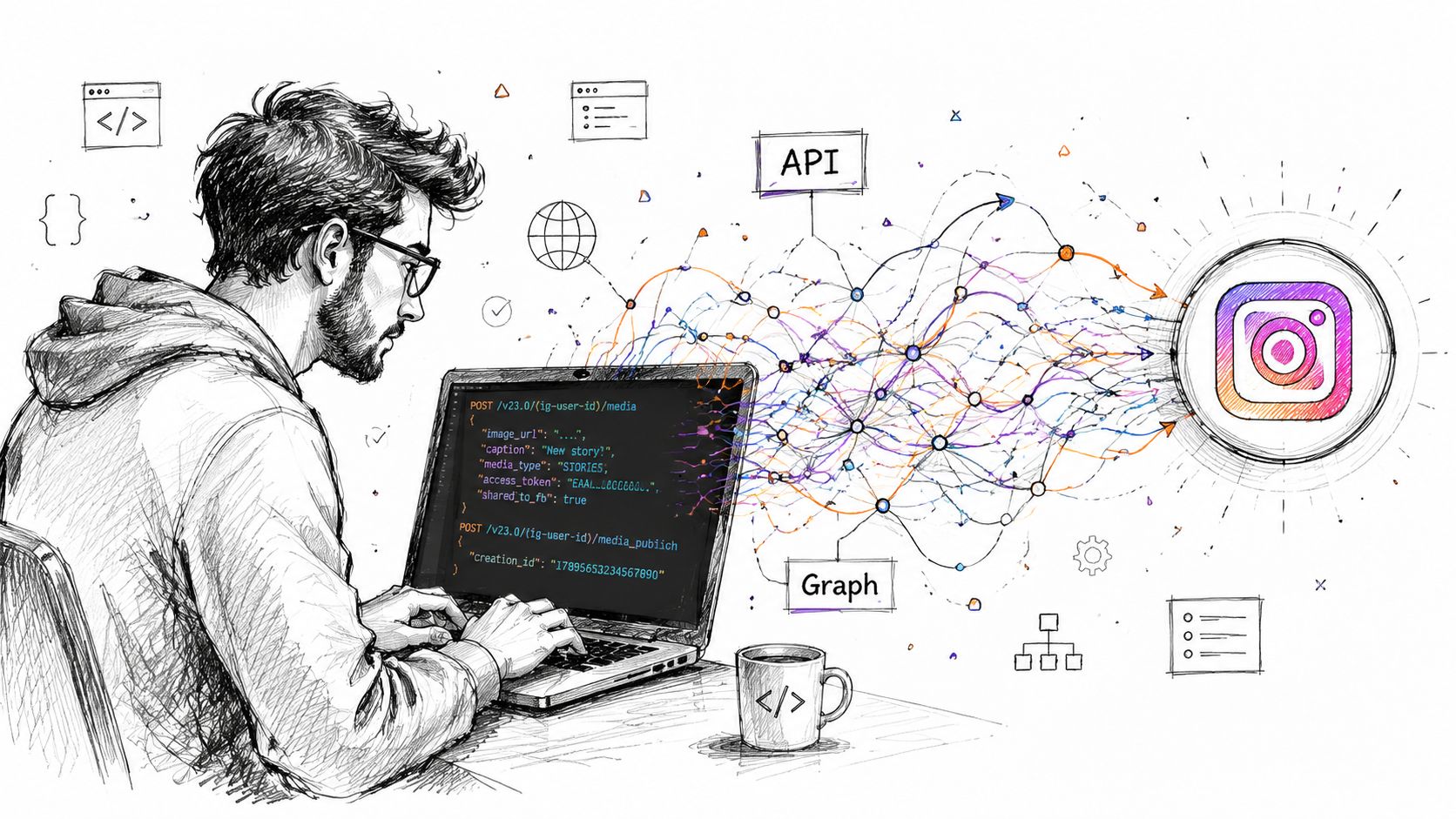 A developer coding an Instagram API integration on a laptop, connecting data streams to the platform.
