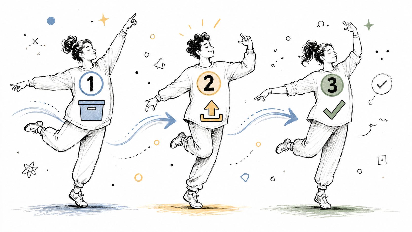 A hand-drawn illustration showing a three-step workflow process with figures performing an active dance move.