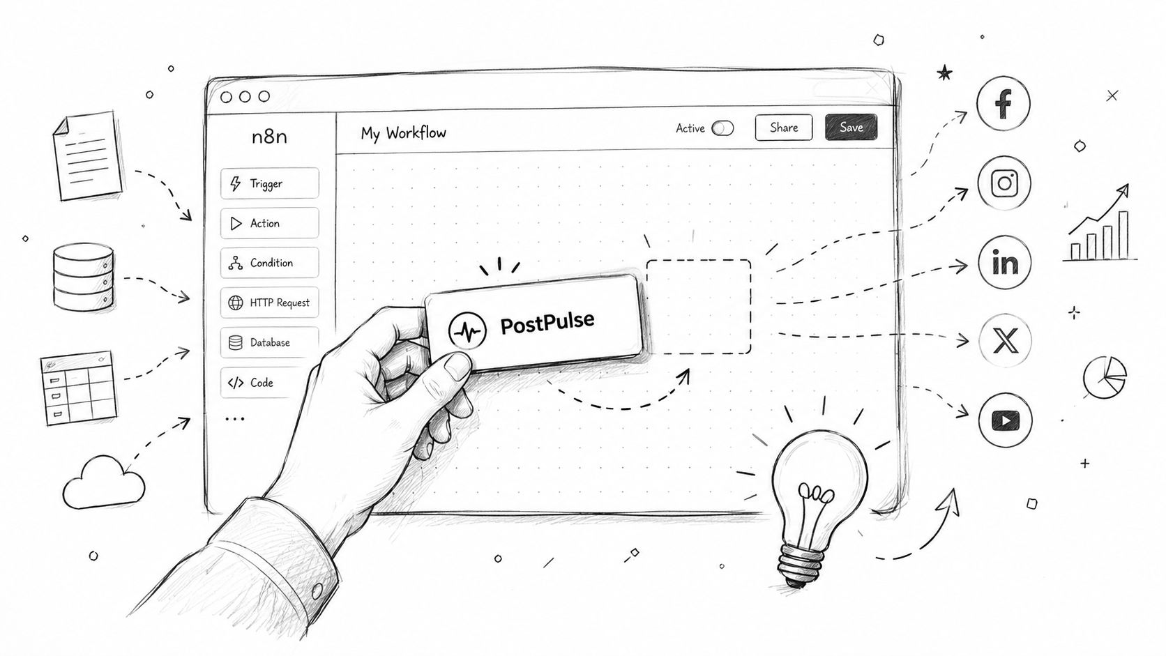 A hand placing a PostPulse integration block into an n8n workflow editor interface for automated social media posting.