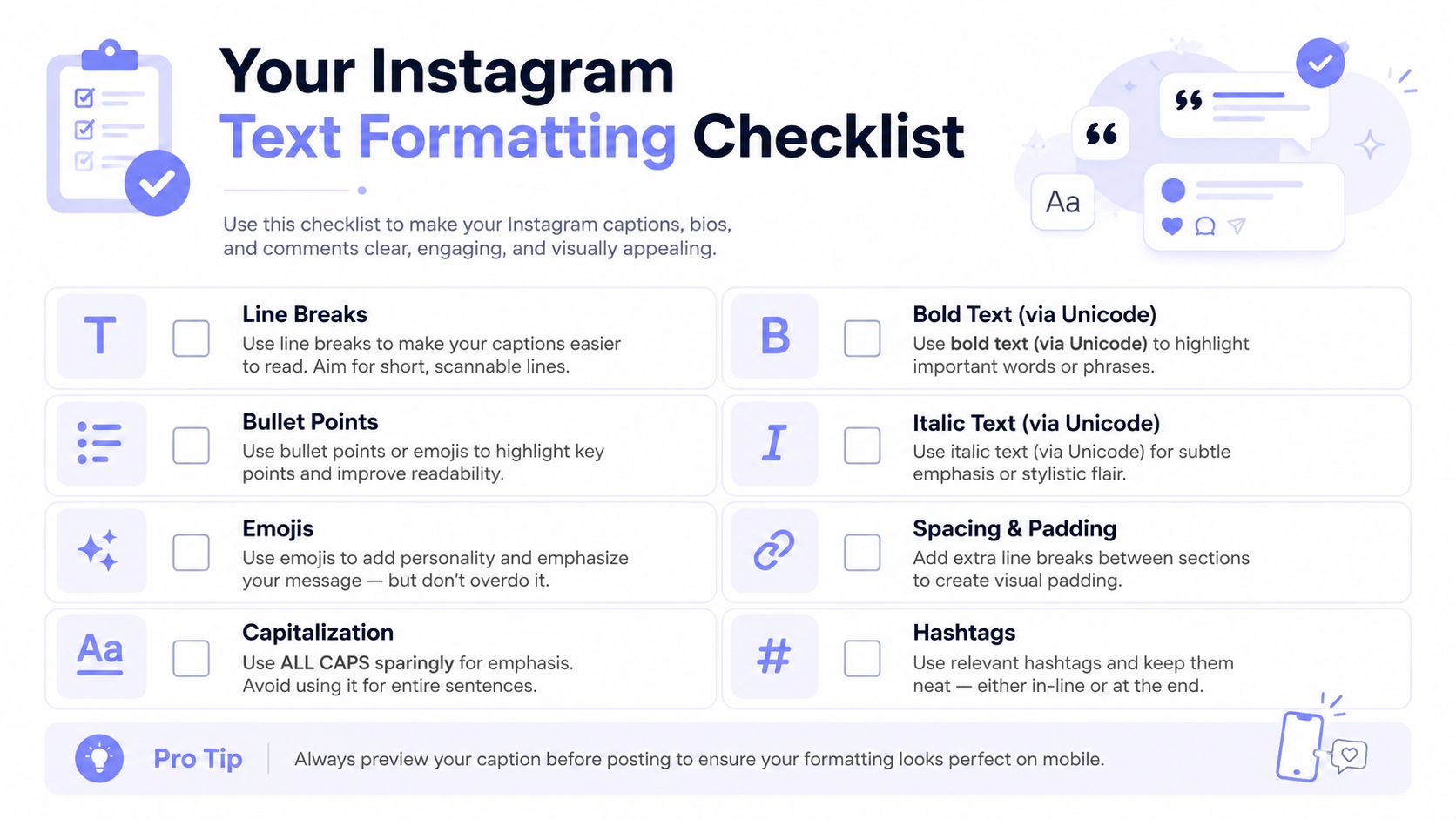 A checklist infographic titled Your Instagram Text Formatting Checklist featuring tips for improving caption readability and engagement.