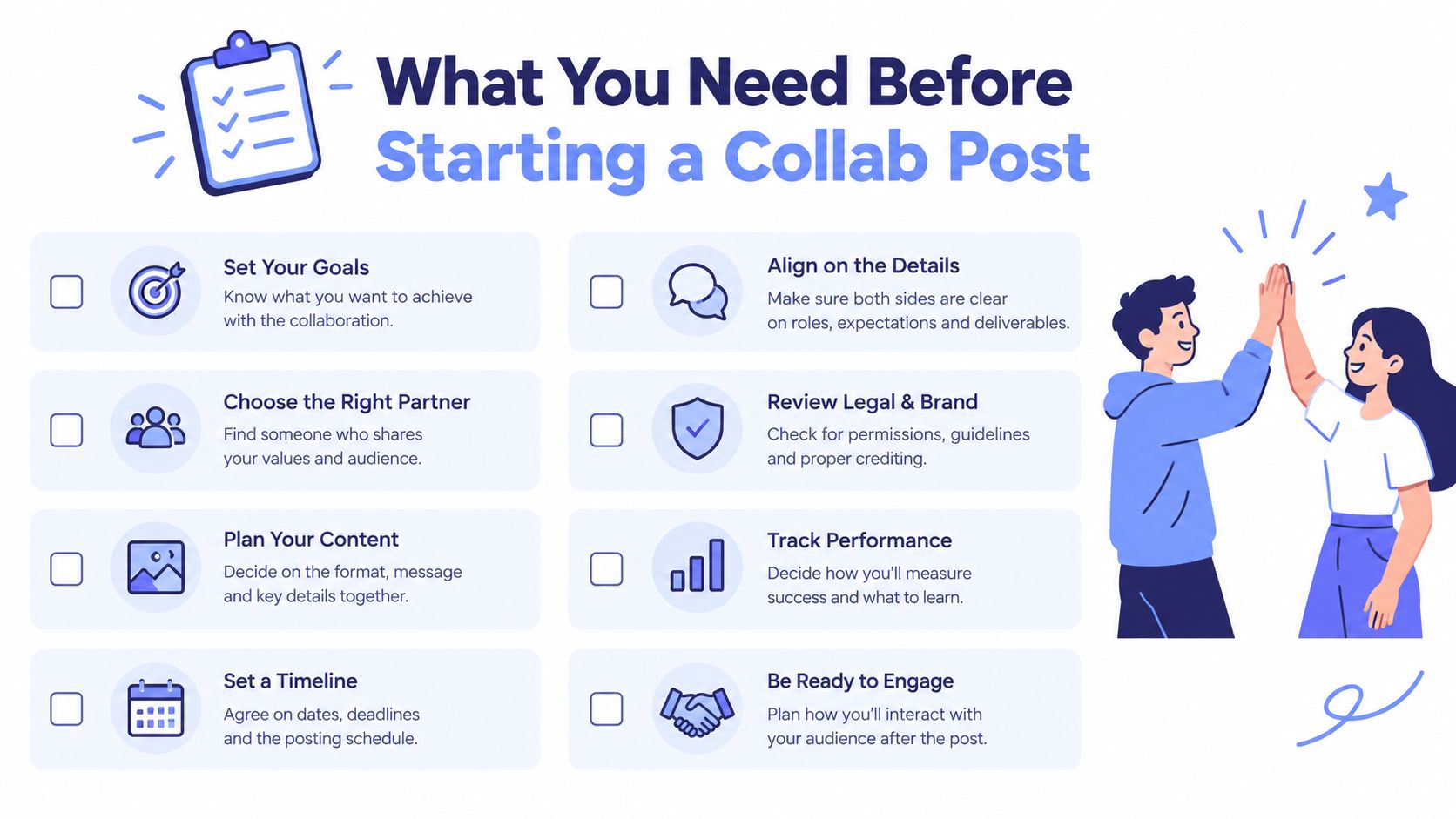 A checklist infographic illustrating eight essential steps for successfully planning and executing a social media collaborative post.