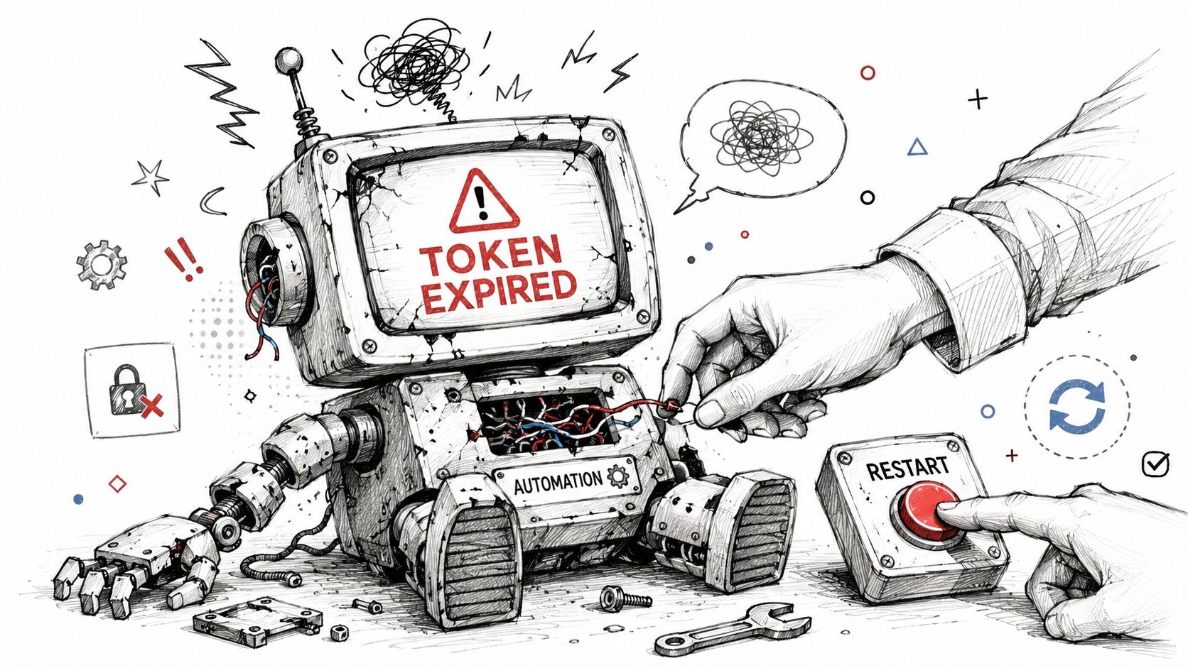 A hand restarting a broken robot display showing the error message token expired for automation processes.