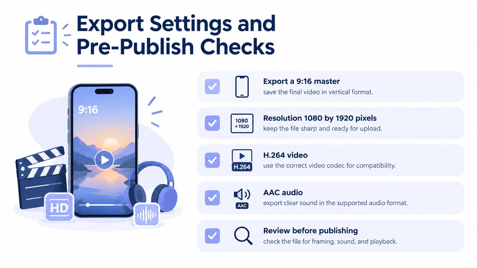A checklist infographic illustrating export settings for high-quality vertical social media video content.
