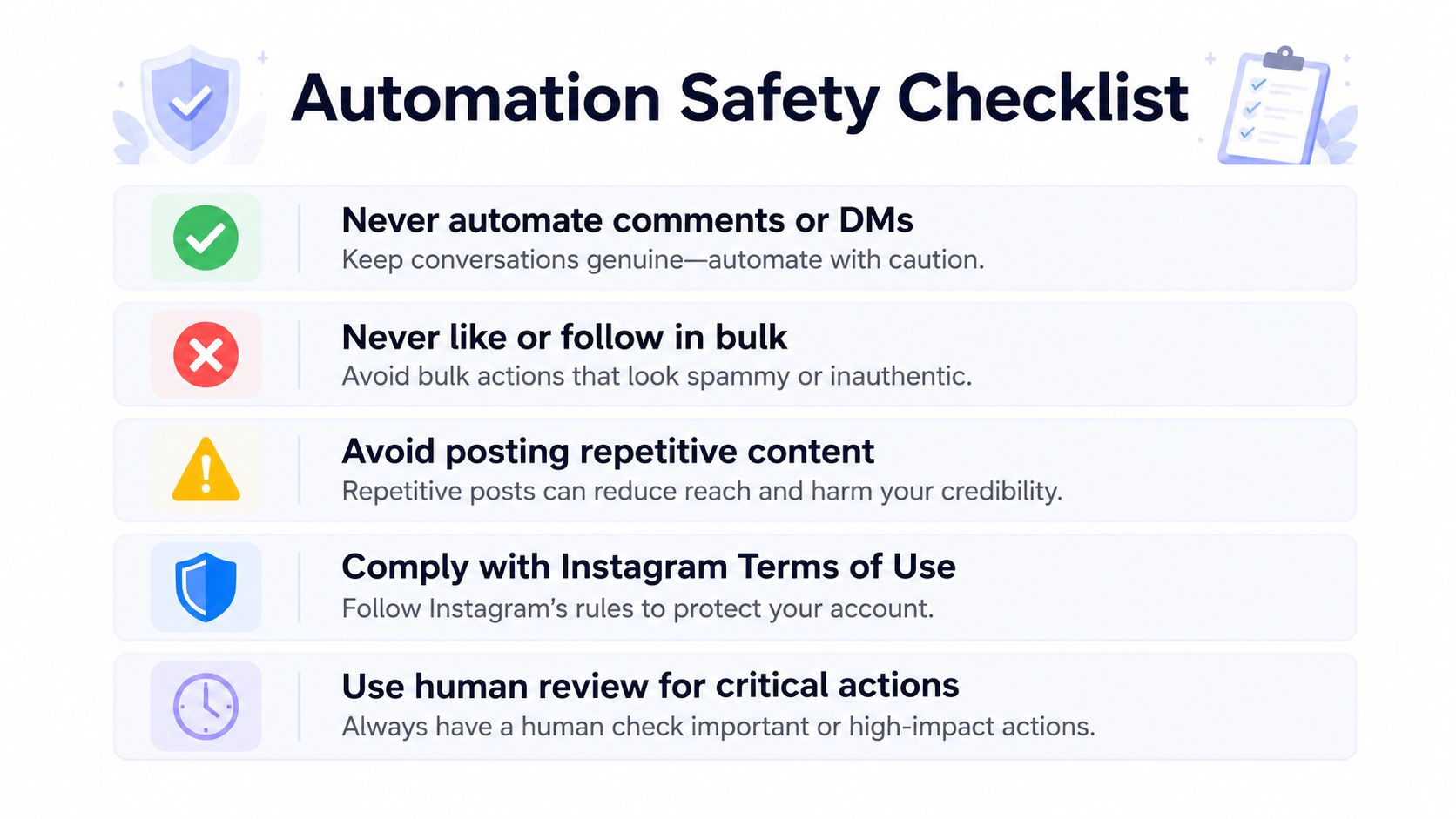 A safety checklist infographic with five best practices for secure and authentic Instagram automation and account management.
