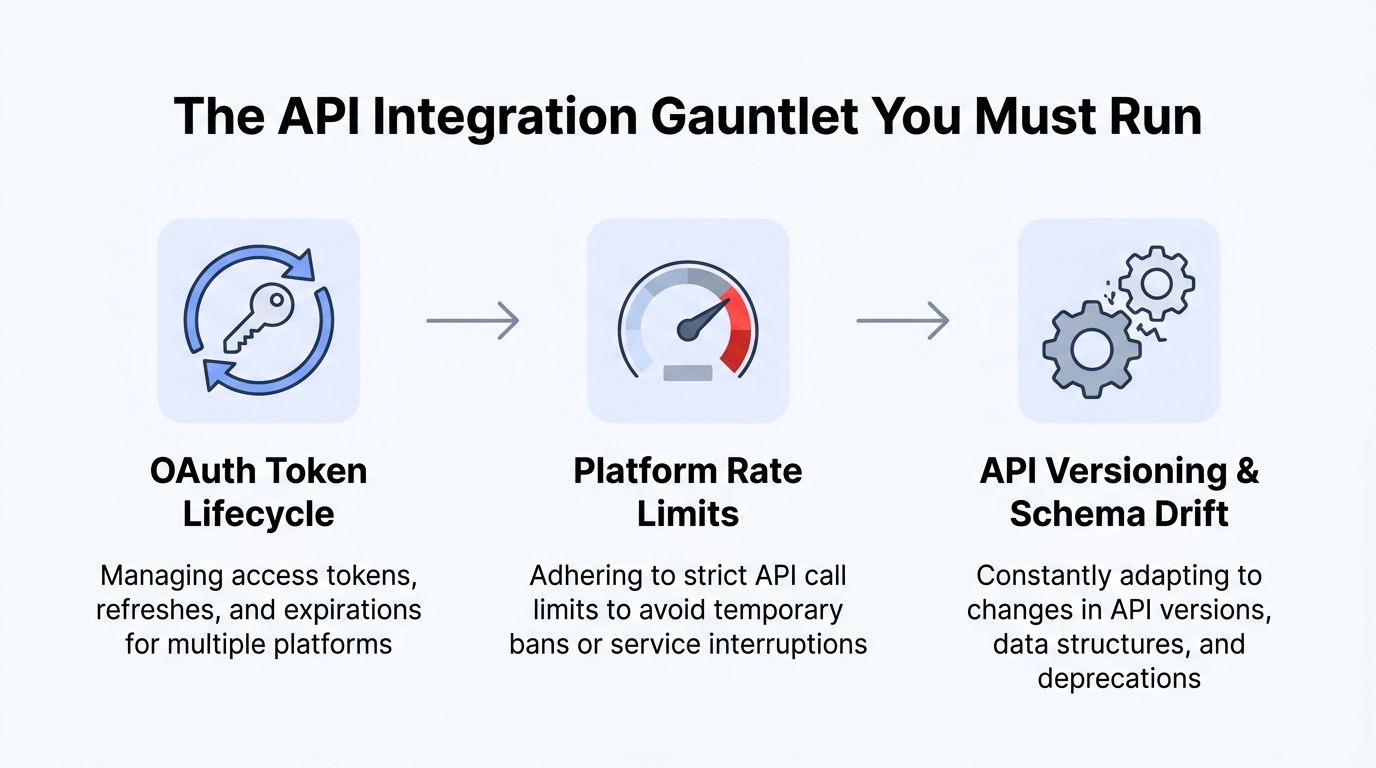 A diagram illustrating the three major challenges of API integration: OAuth token lifecycle, platform rate limits, and versioning.