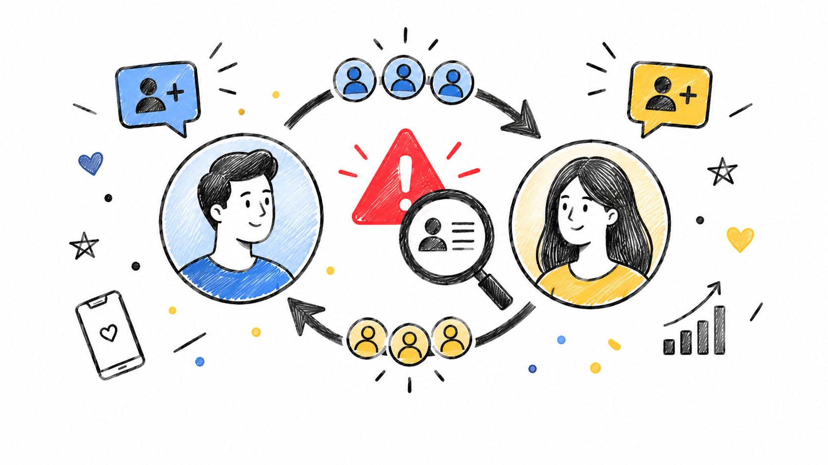 A hand-drawn illustration depicting a social media user tracking, profile scrutiny, and potential account restrictions.