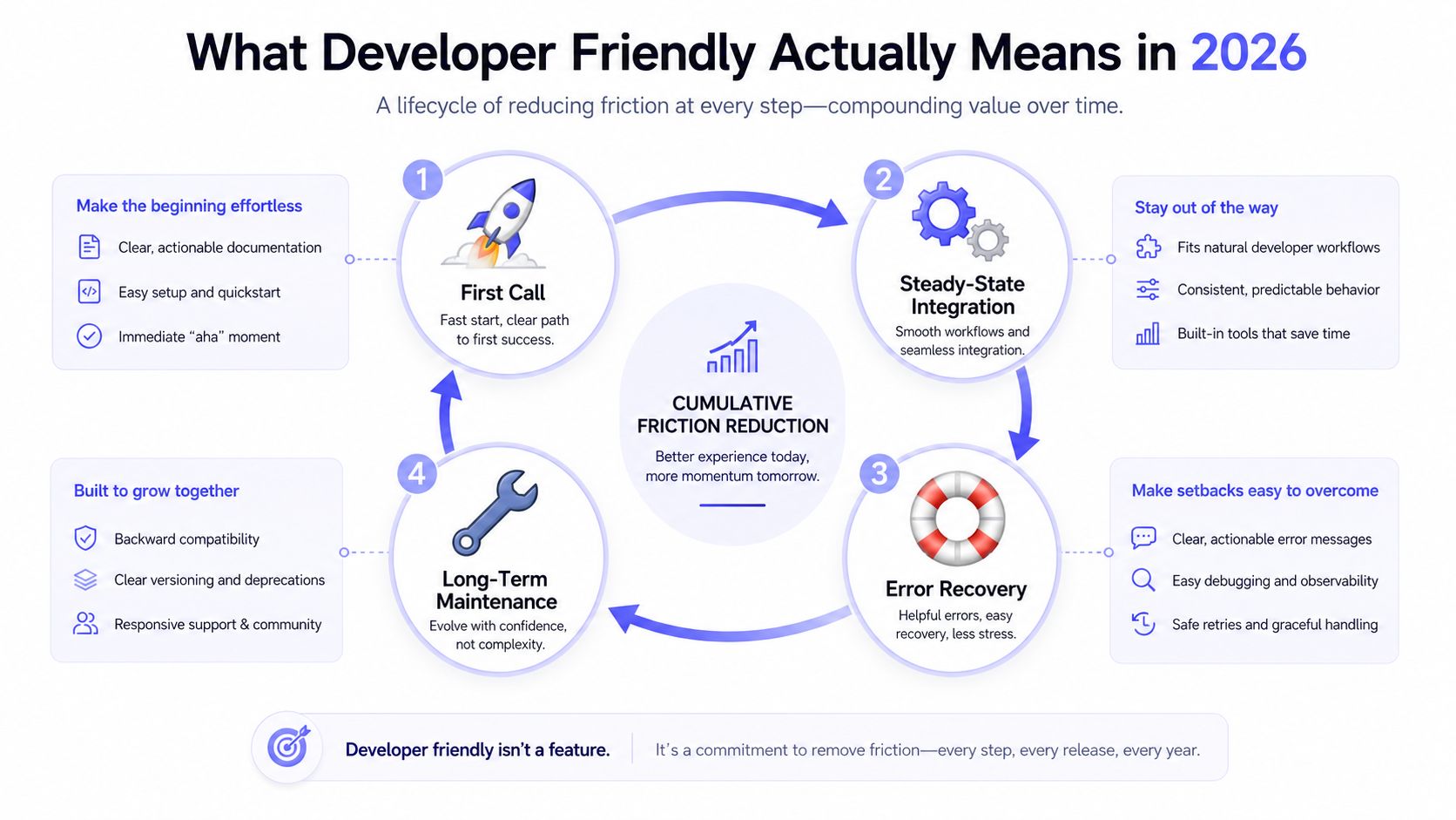 A diagram illustrating a four-step lifecycle for creating a developer-friendly experience by reducing friction over time.