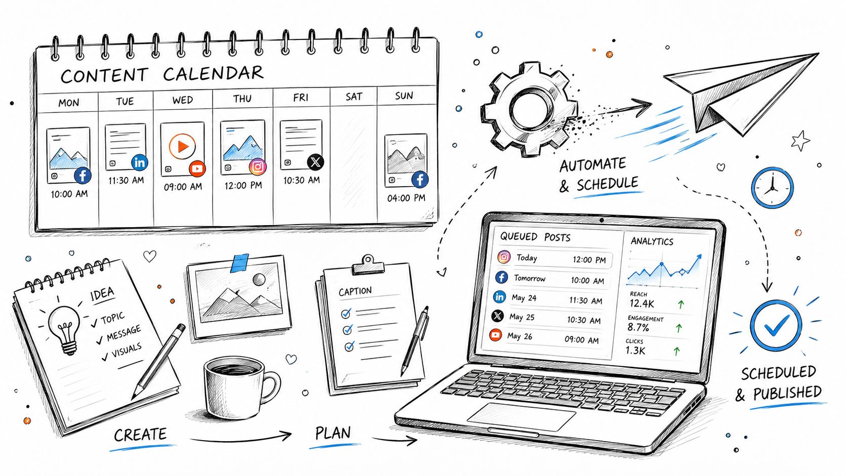 A hand-drawn illustration depicting a social media content management process, from brainstorming ideas to automated scheduling.