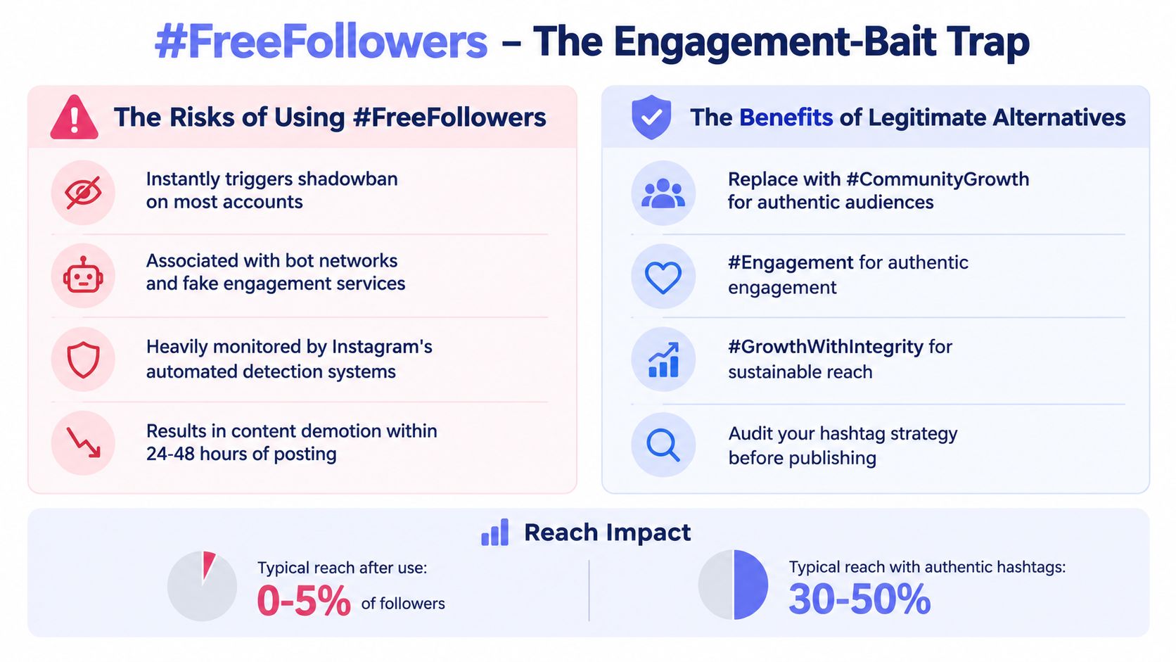 An infographic comparing the risks of using banned hashtags like #FreeFollowers versus using authentic hashtags on Instagram.