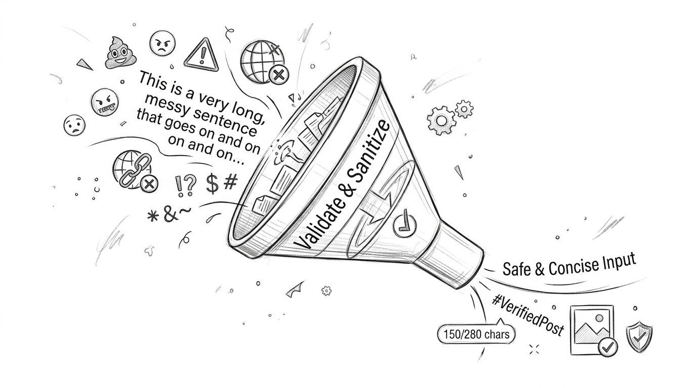 A diagram of a funnel illustrating the process of validating and sanitizing long, messy input data.
