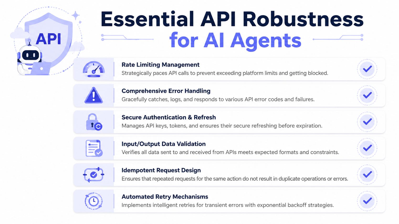 A visual guide outlining six essential practices for ensuring API robustness and reliability for AI agents.