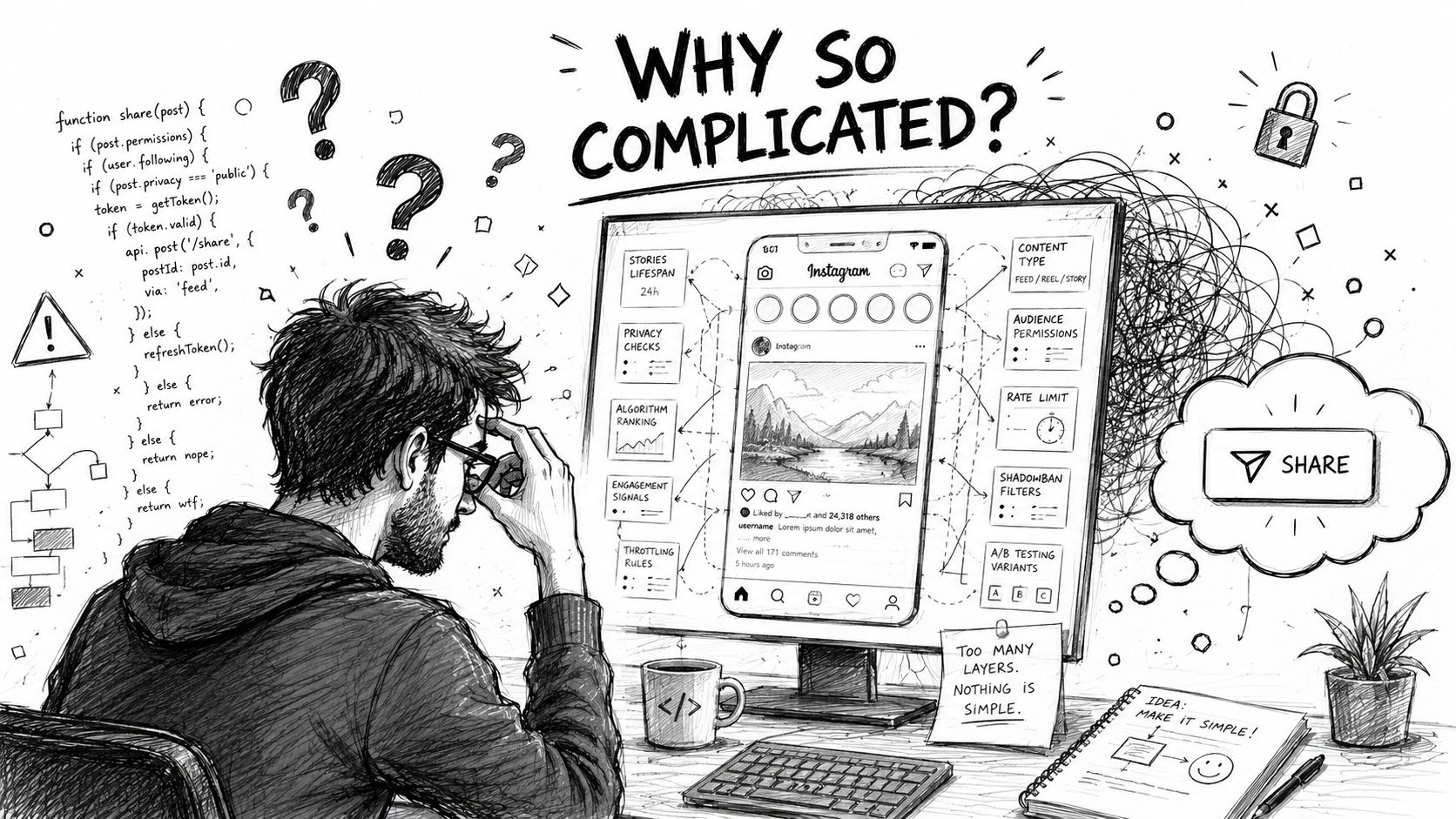 A frustrated developer looking at a computer screen showing the complex backend logic of Instagram posting.