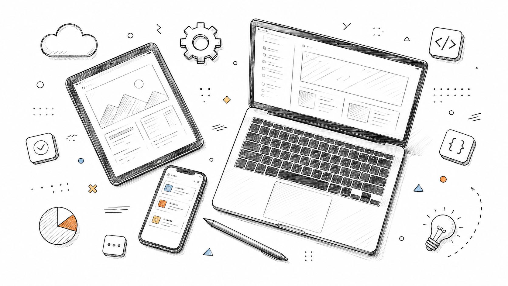 A hand-drawn illustration showing a laptop, tablet, and smartphone for cross-platform development and testing.