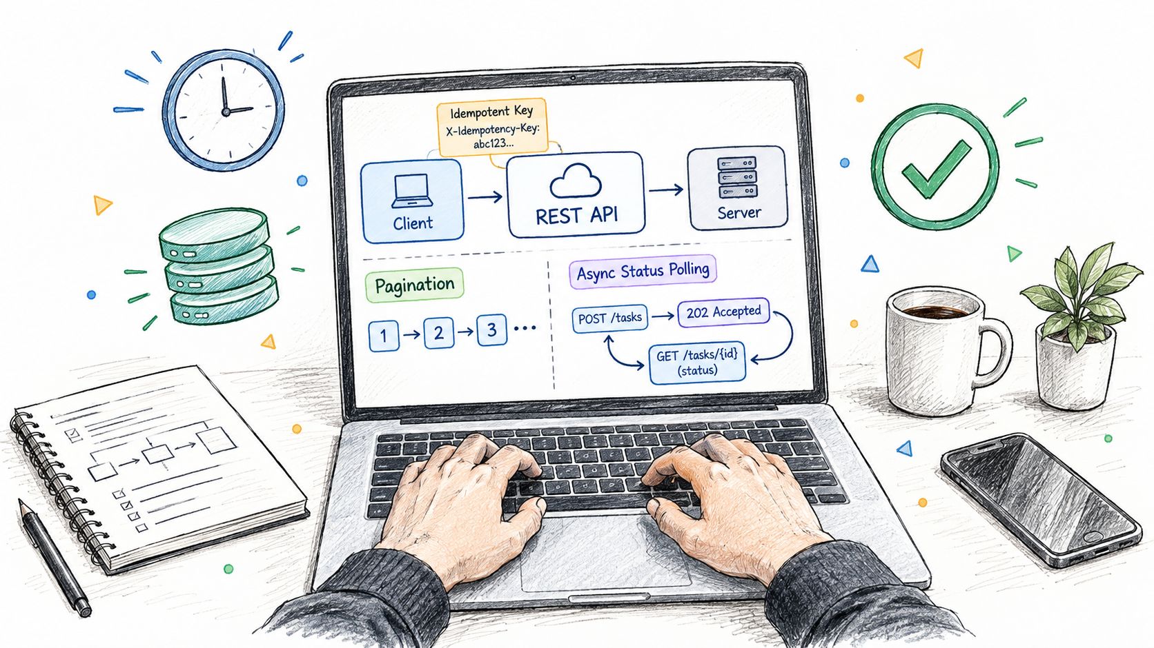 A hand-drawn illustration showing a person typing on a laptop displaying REST API design concepts like pagination.