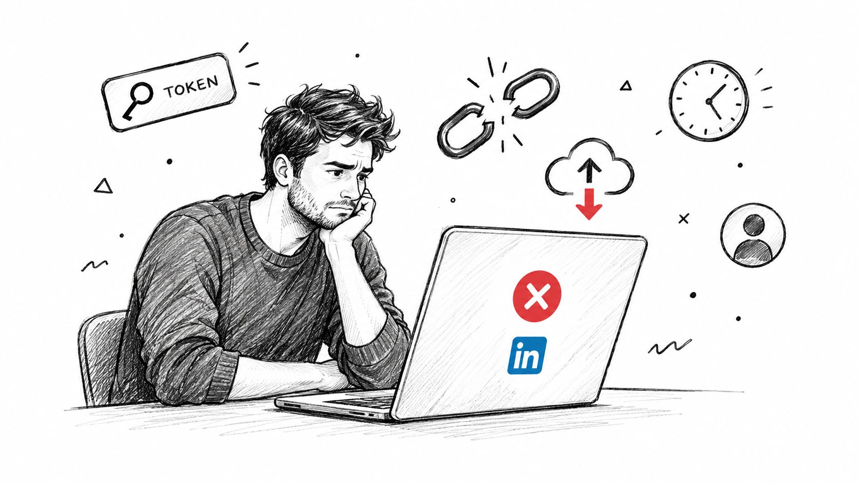 A pencil sketch of a frustrated man looking at a LinkedIn error screen on his laptop.