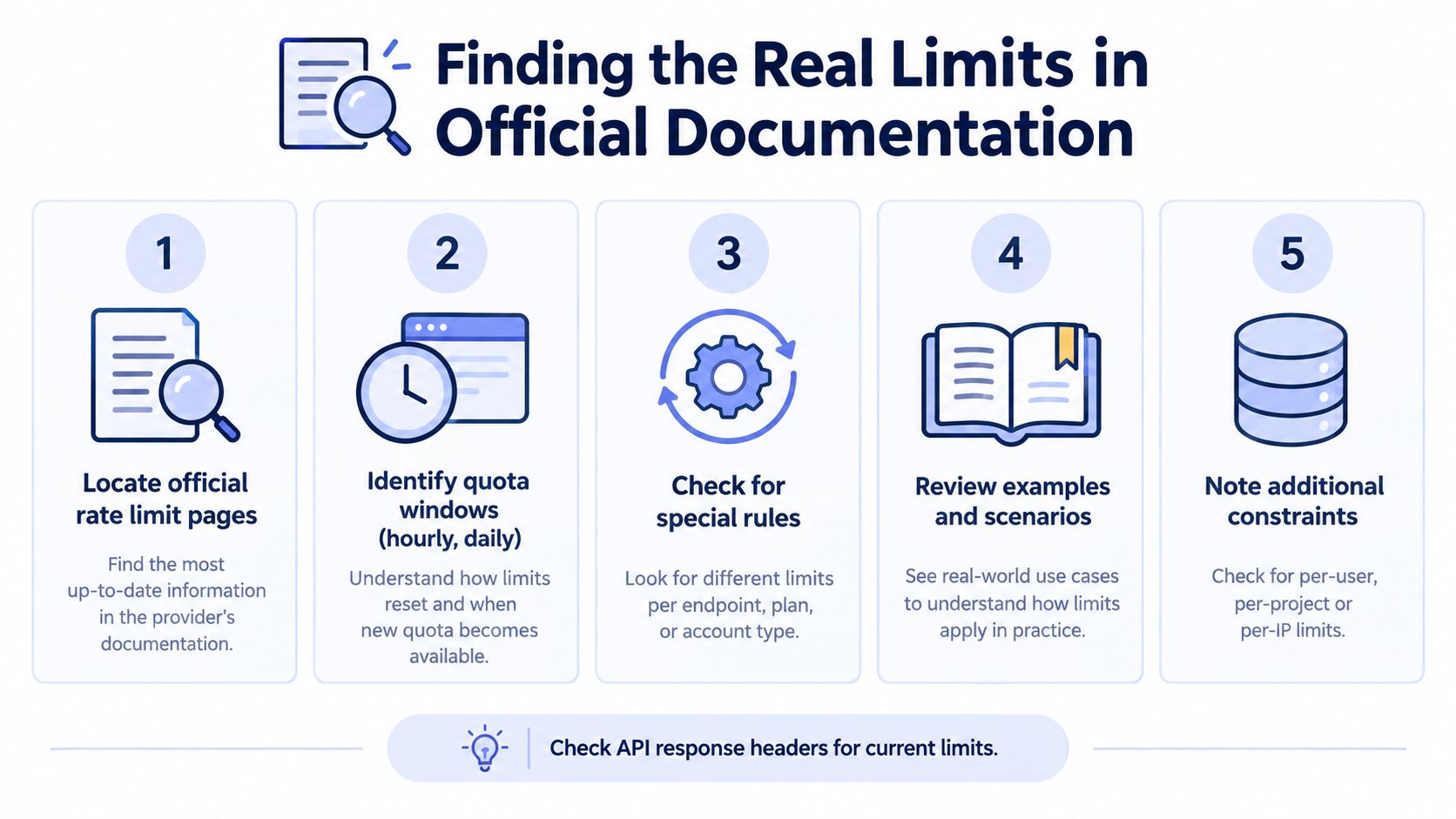 A five-step guide for developers on finding and understanding API rate limits within official documentation.