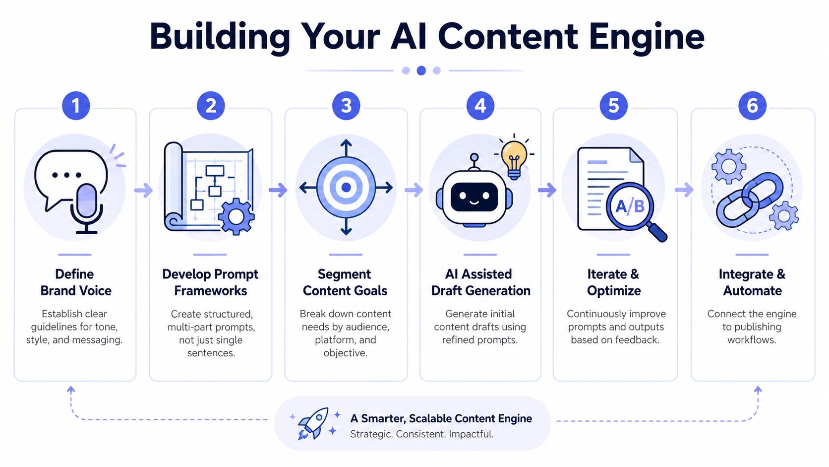 A six-step infographic illustrating a strategic workflow for building an AI-powered content creation engine.
