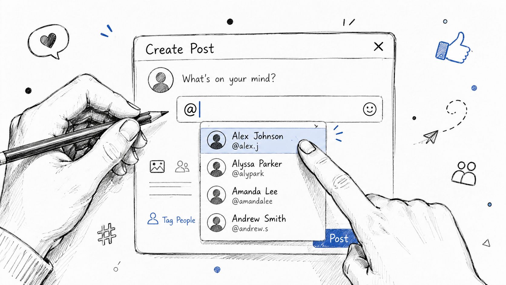 A hand-drawn illustration showing a user tagging a friend in a social media post interface.