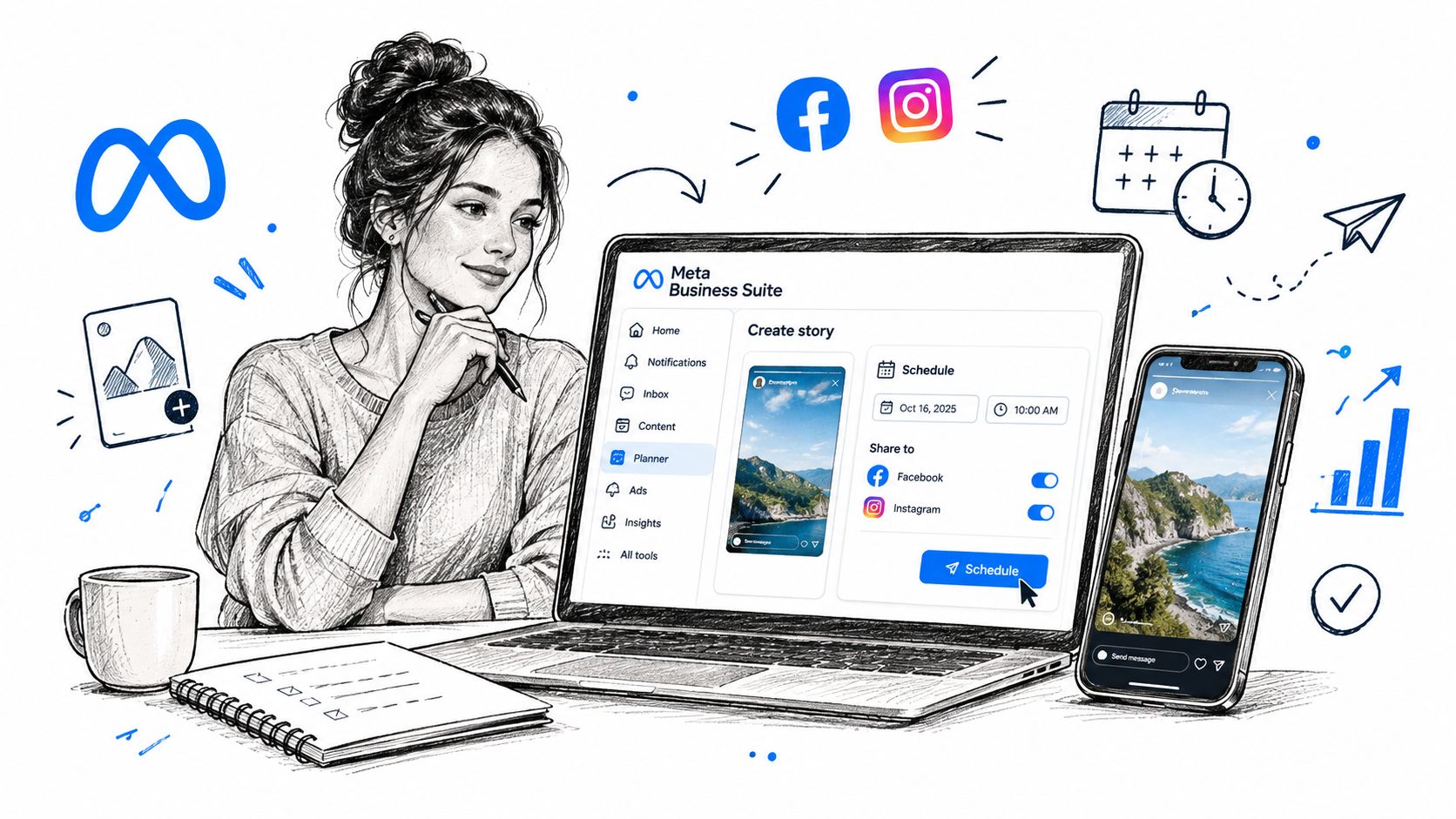 A woman using a laptop to schedule Instagram stories on the Meta Business Suite platform.