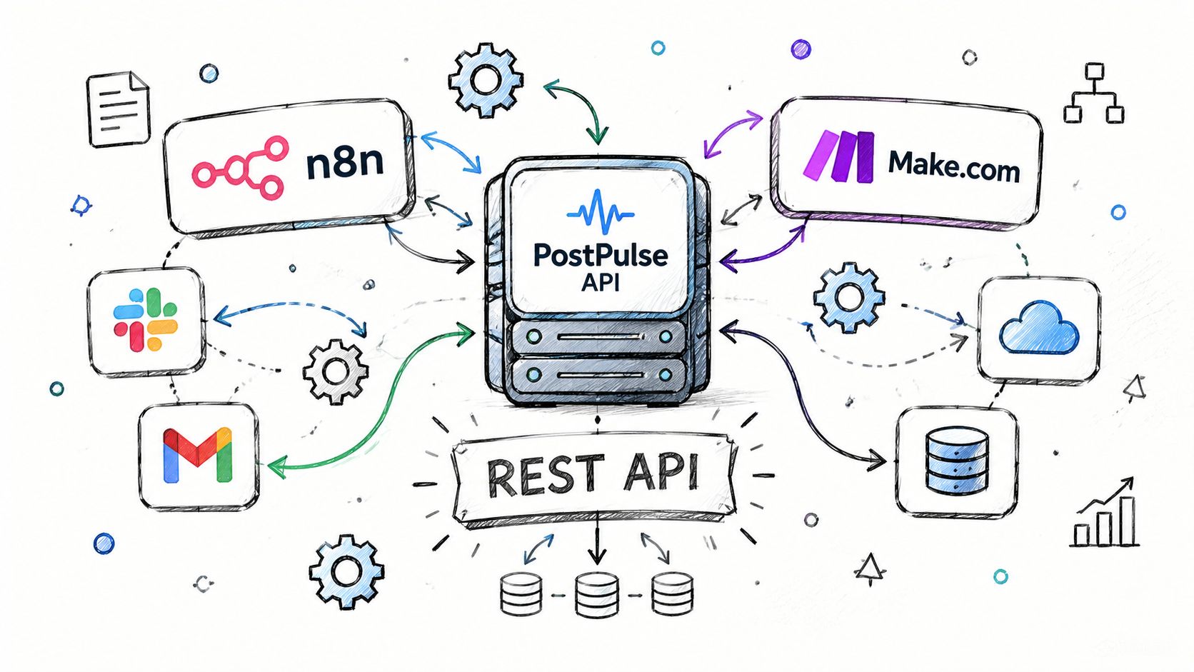 A diagram illustrating the PostPulse API ecosystem connecting various platforms like n8n, Make, Slack, Gmail, and databases via REST API.