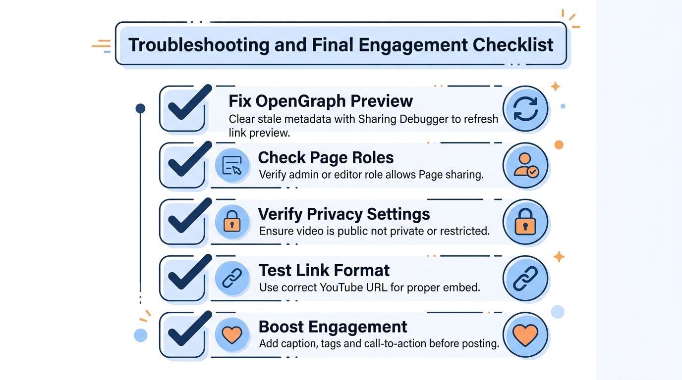 A helpful infographic checklist for troubleshooting and improving YouTube video sharing on Facebook pages.