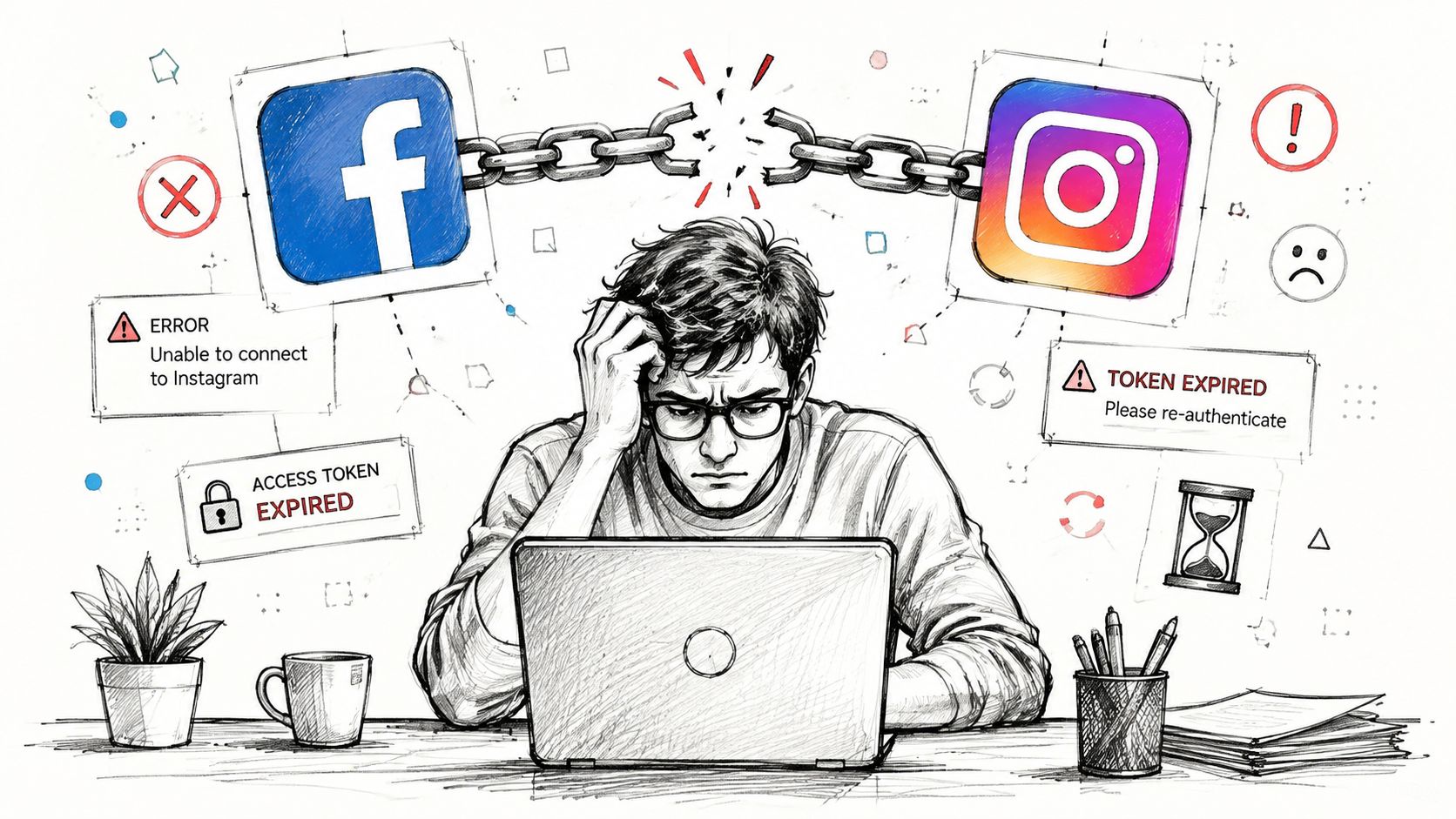 A frustrated man looking at his laptop screen experiencing issues connecting Facebook and Instagram accounts due to errors.