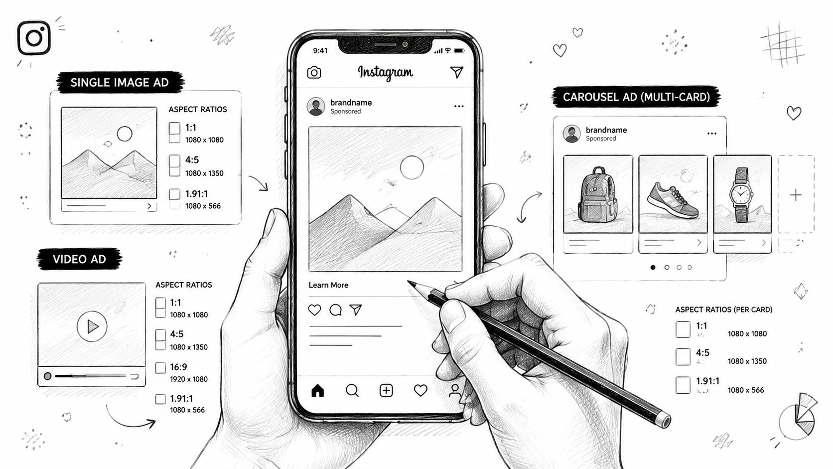A hand-drawn illustration showing Instagram advertisement specifications for single image, video, and carousel ad formats.