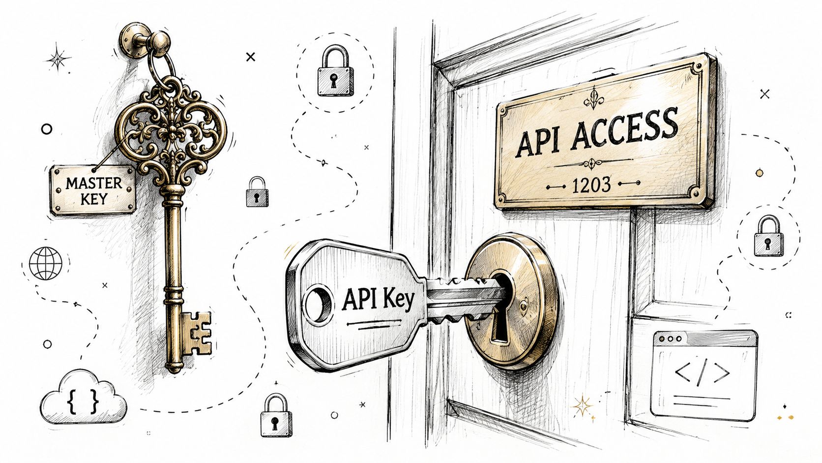 A detailed illustration showing a master key and an API key being used to unlock access.