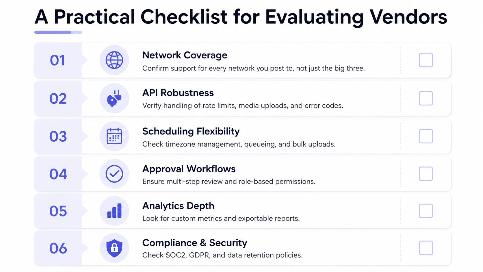 A checklist infographic titled A Practical Checklist for Evaluating Vendors featuring six criteria for social media platforms.