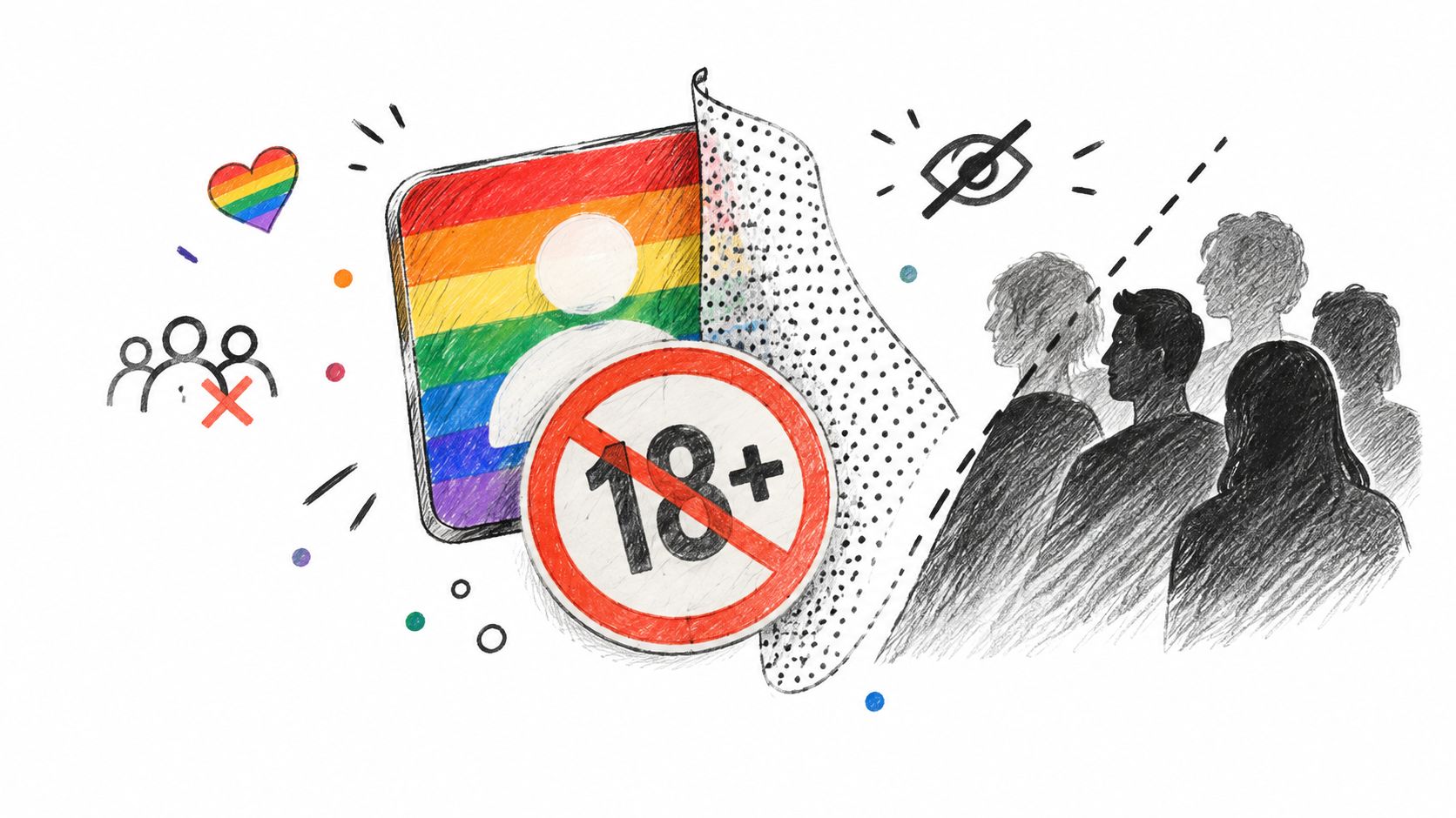 A conceptual illustration depicting censorship and age restrictions on LGBTQ+ content on social media platforms.