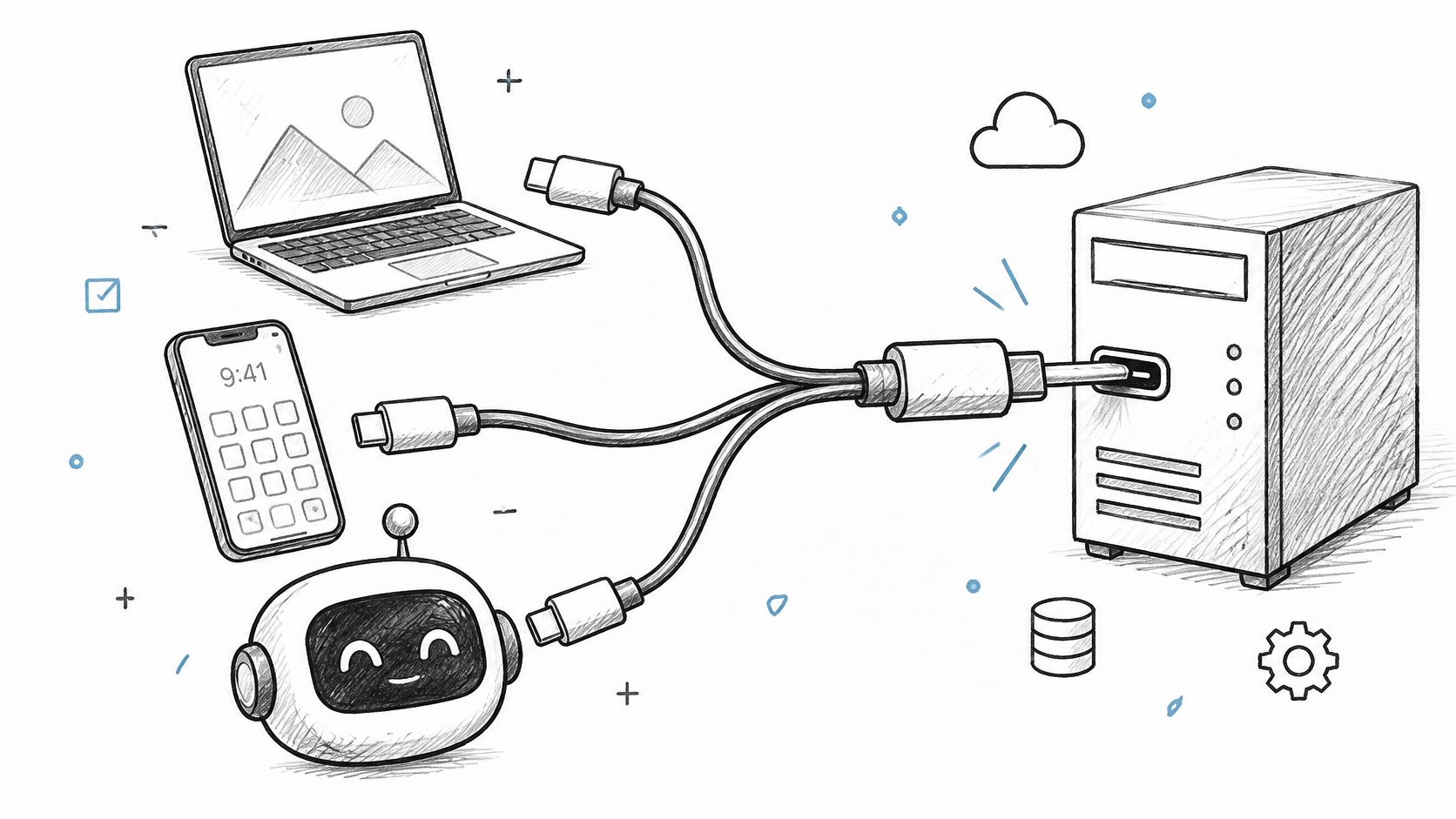 A pencil sketch of a laptop, smartphone, and robot connecting to a central server via cables.