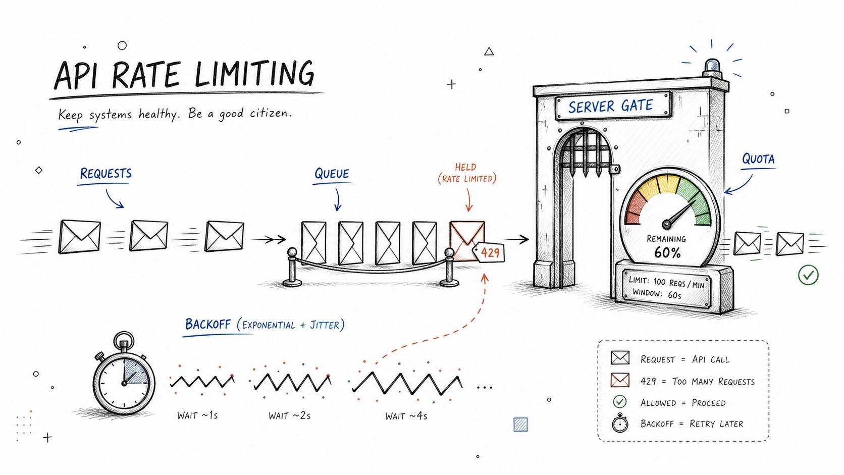 An illustrated diagram explaining API rate limiting concepts including requests, queues, backoff strategies, and server gate quotas.